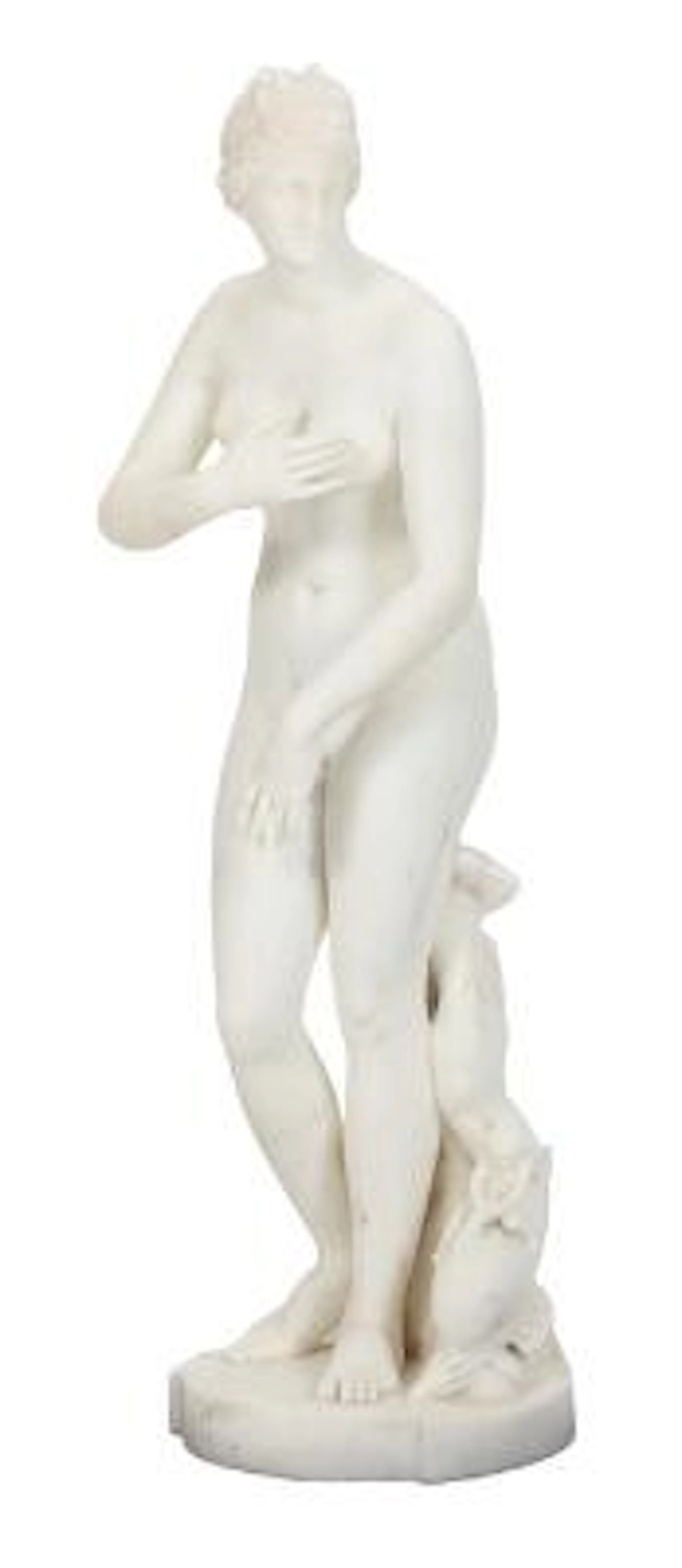 A white marble classical sculpture in the shape of Venus de’ Medici