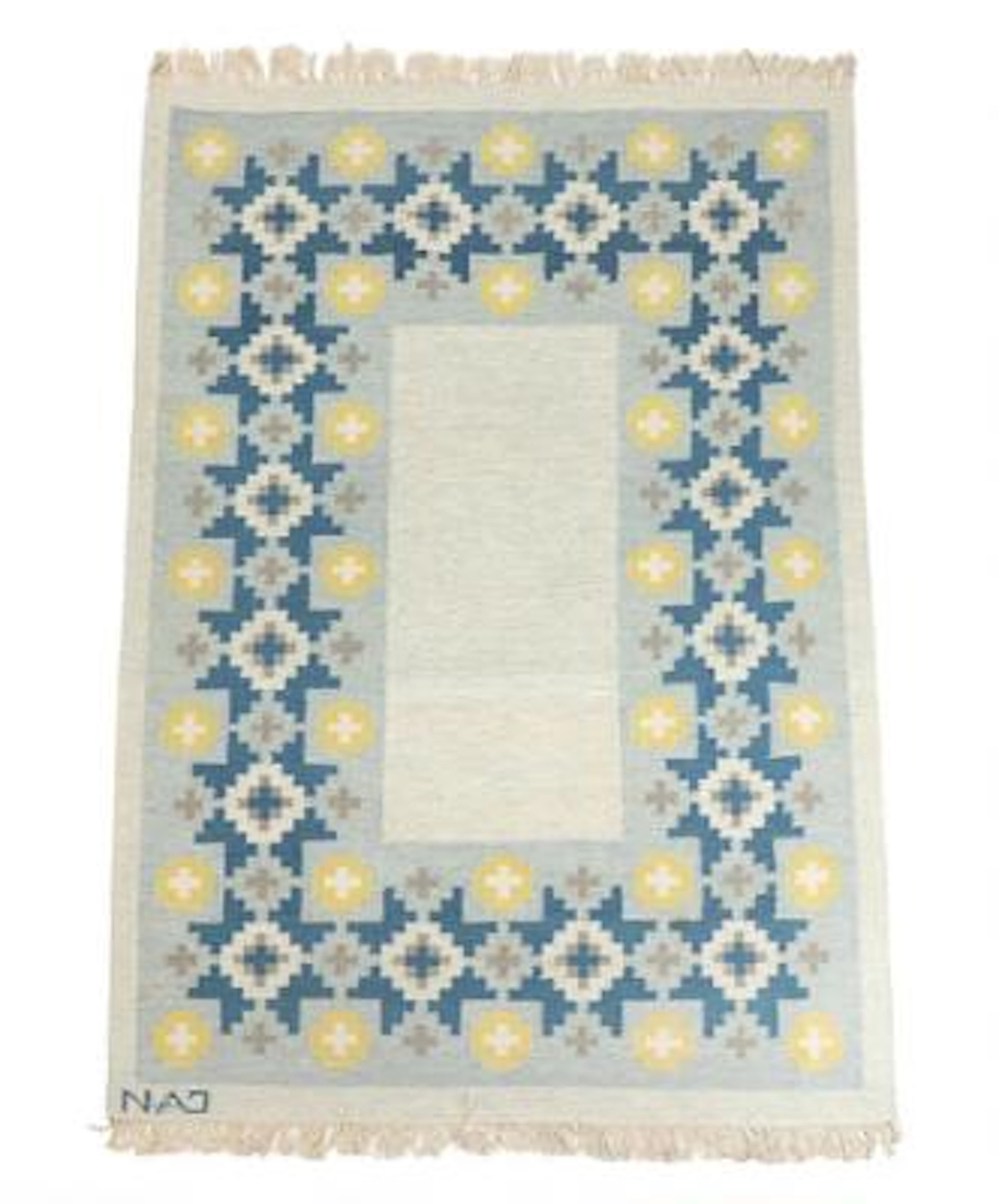 Handwoven wool carpet in “rölakan” flatweave technique. Geometric
