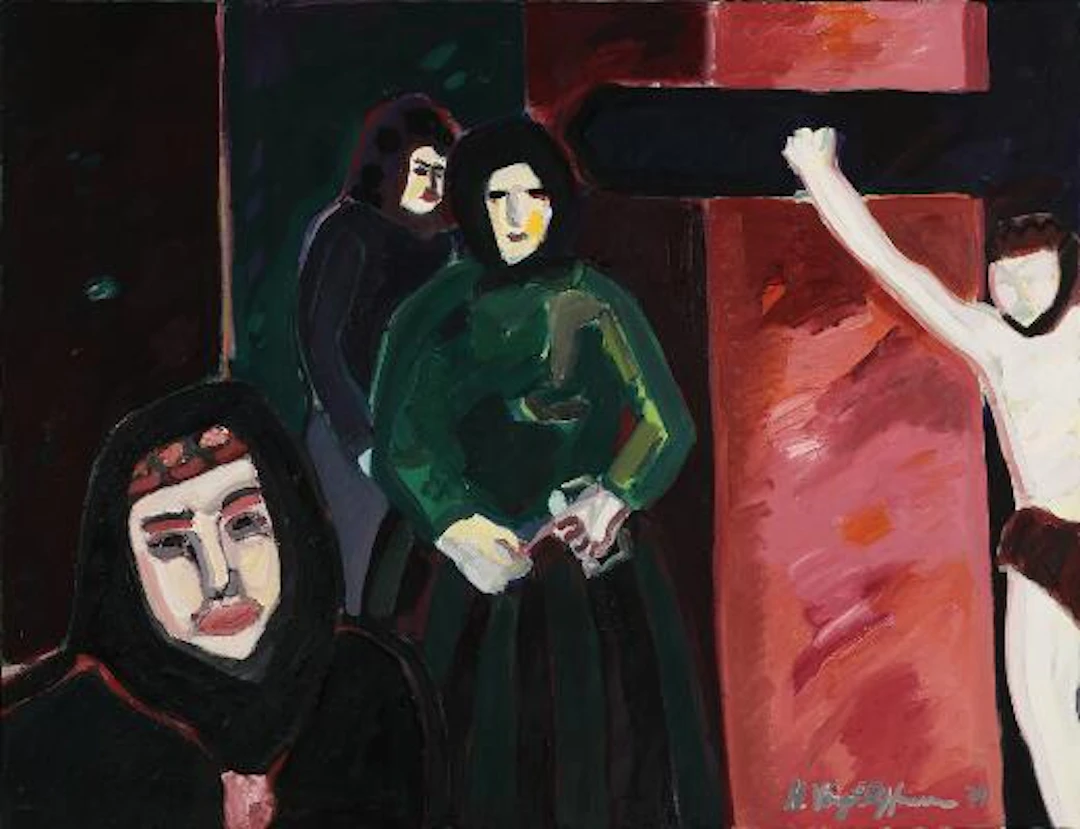 Hans Voigt Steffensen: "Kirkegang Ungarn", 1974. Signed H. Voigt Steffensen.