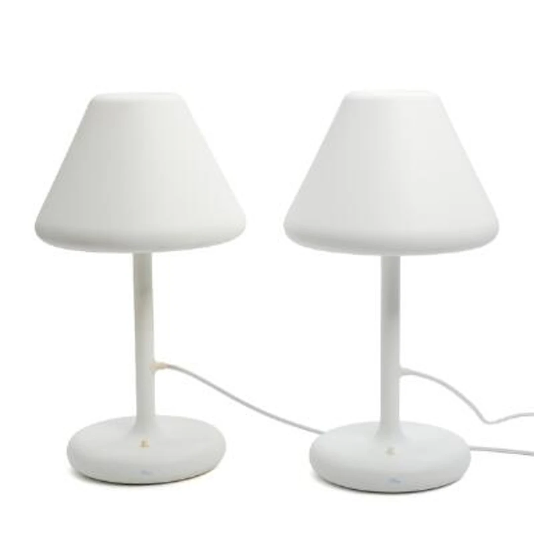 Ole Jensen: "OJ". A pair of matte, white lacquered metal table lamps.