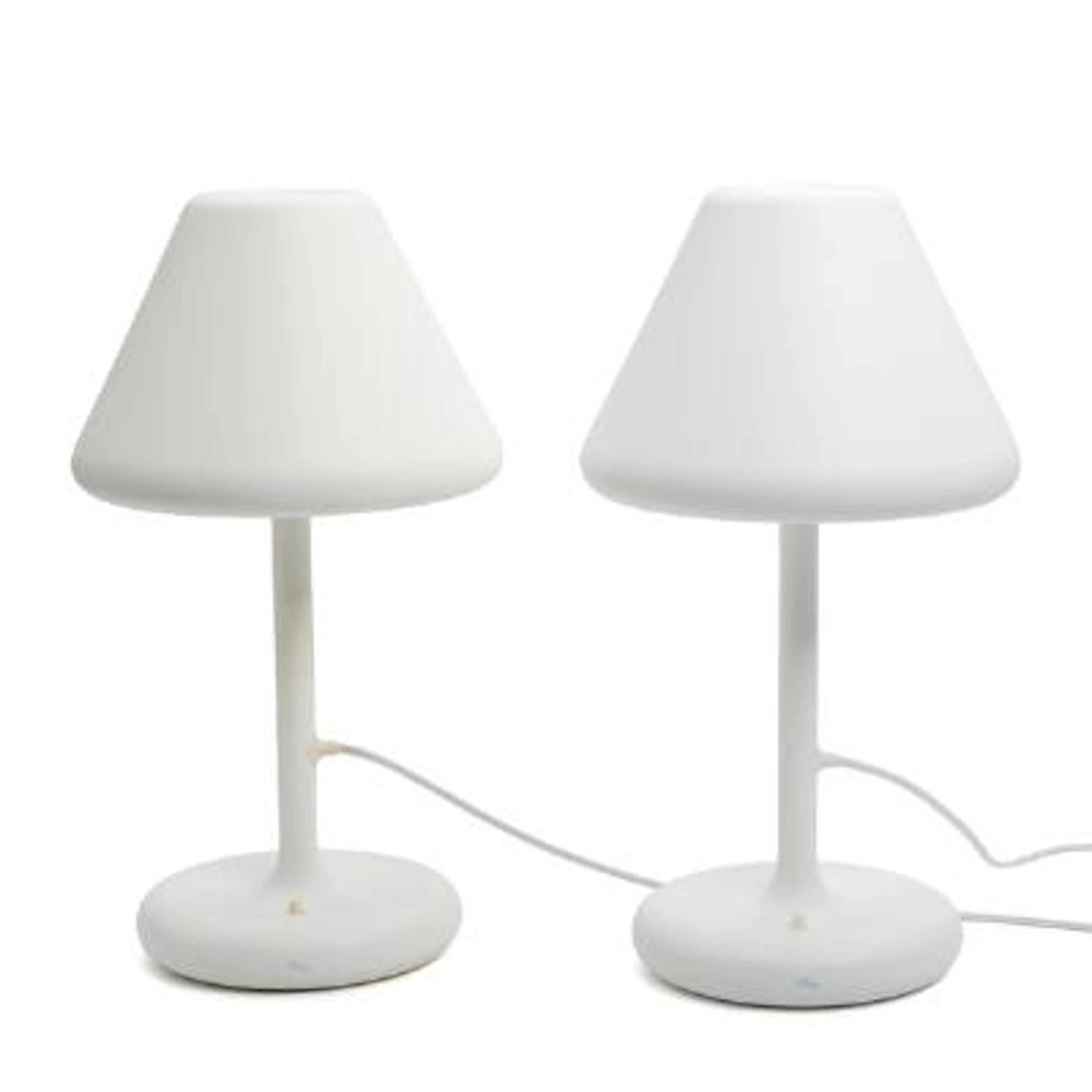 Ole Jensen: "OJ". A pair of matte, white lacquered metal table lamps.