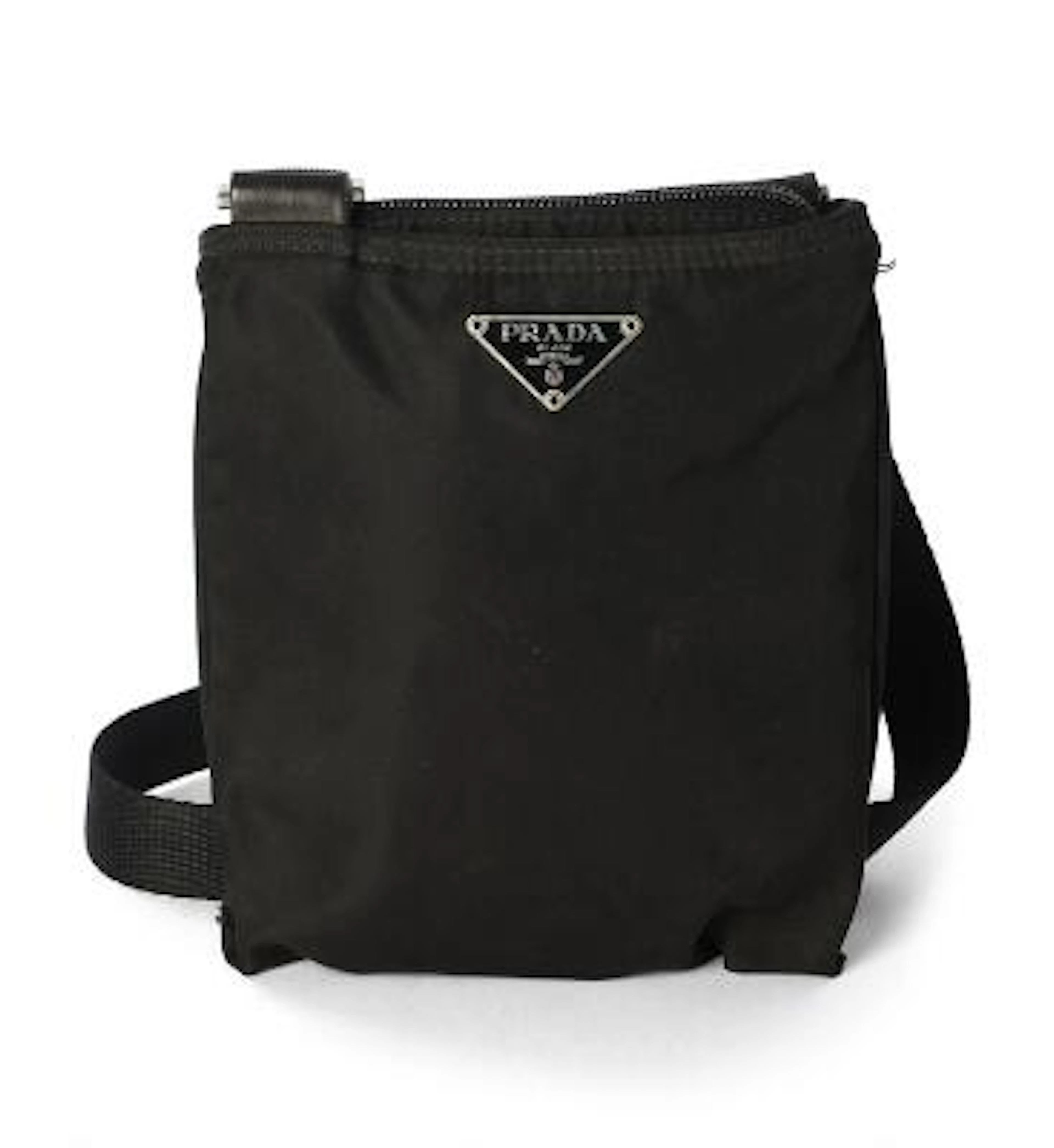 Prada: Small messenger bag of black nylon with black leather trimmings