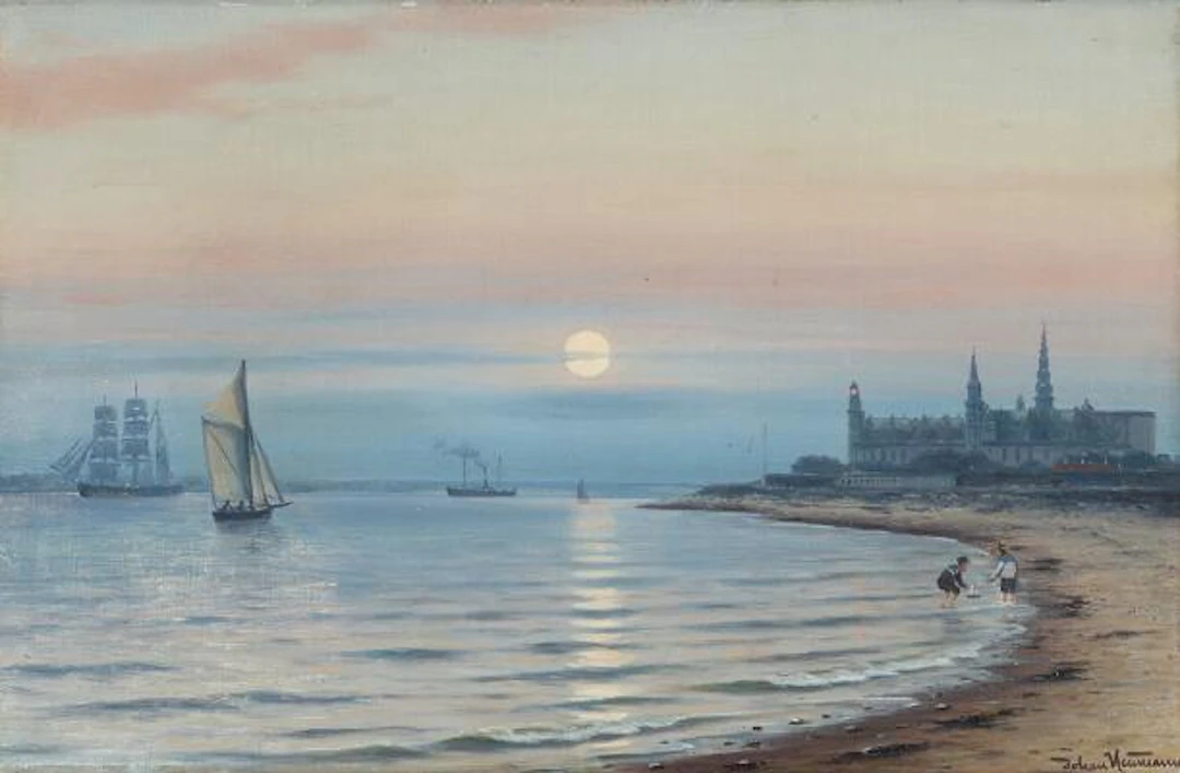 Johan Neumann: Playing children at the shore by Kronborg. Signed by