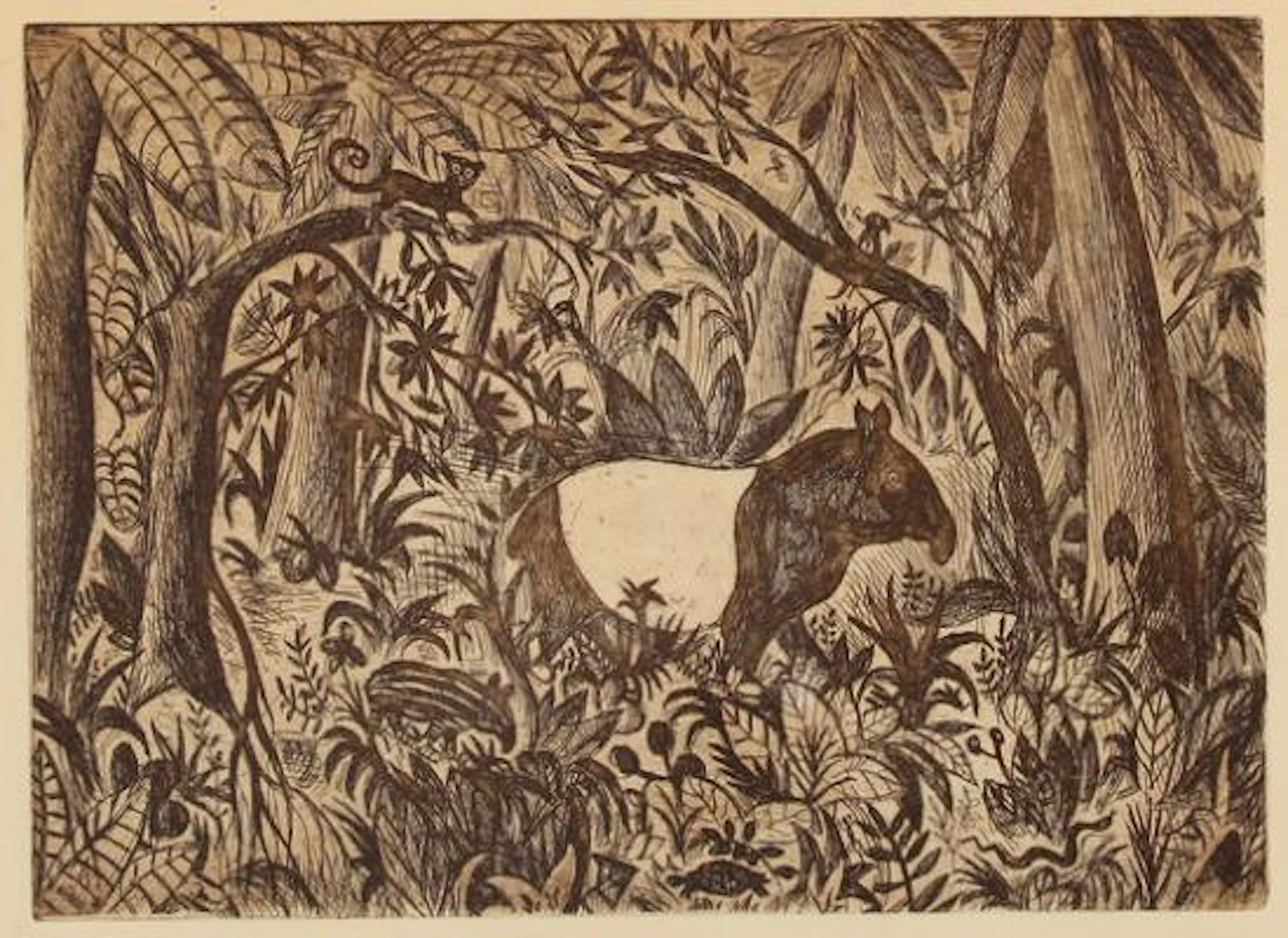 Hans Scherfig: Tapir with cub. Unsigned. Engraving. Sheet size 30