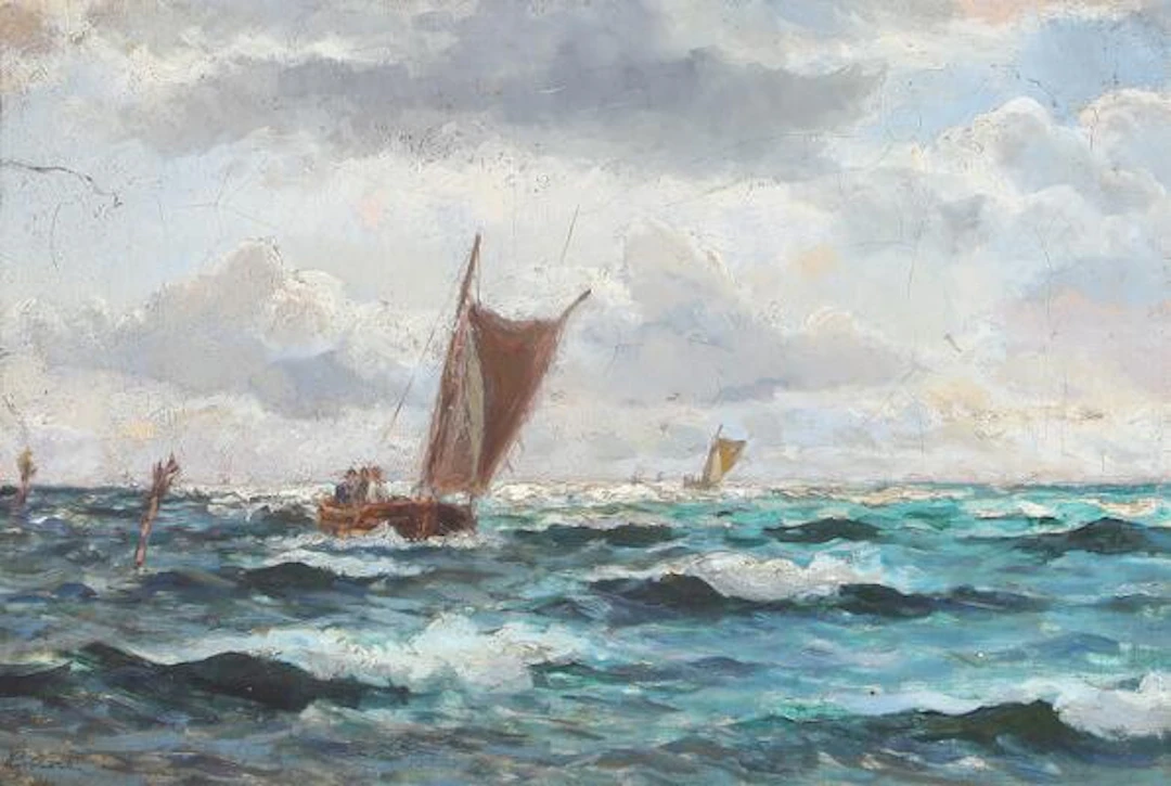 Holger Lübbers: Seascape with sailing boats on the sea. Signed H.