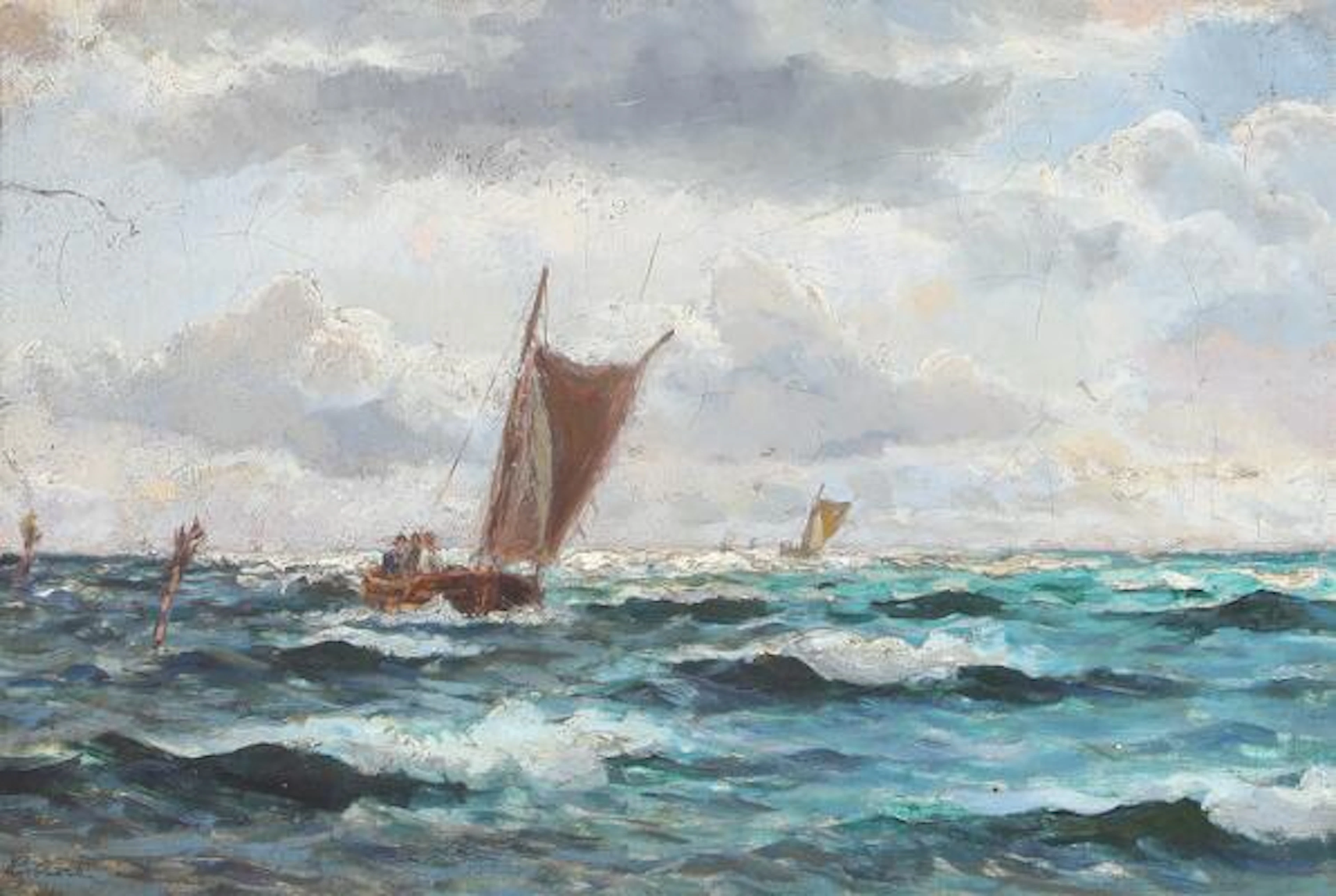 Holger Lübbers: Seascape with sailing boats on the sea. Signed H.