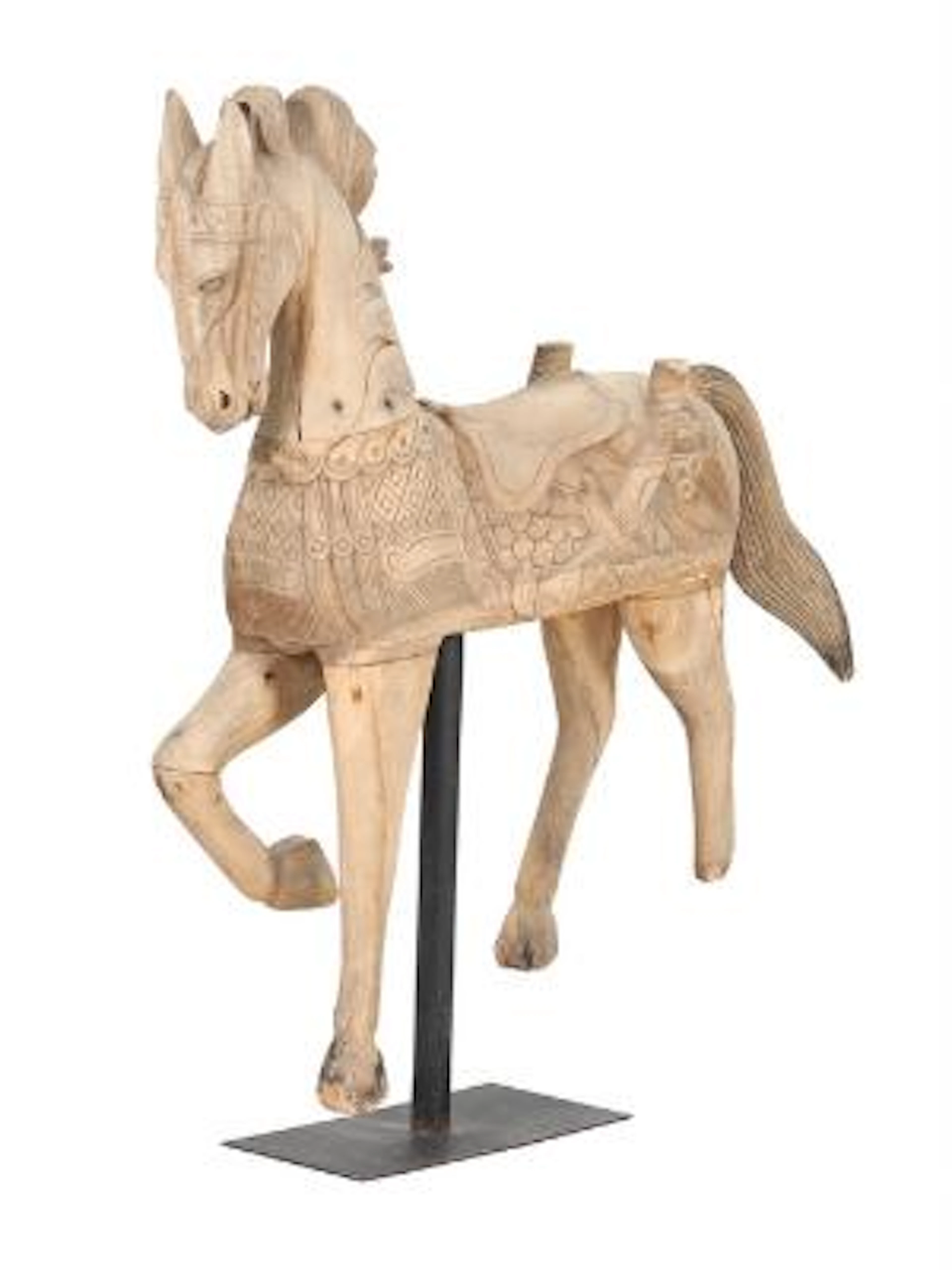 Carved wooden horse. Mounted on iron stand. Southeast Asia. 20th century.