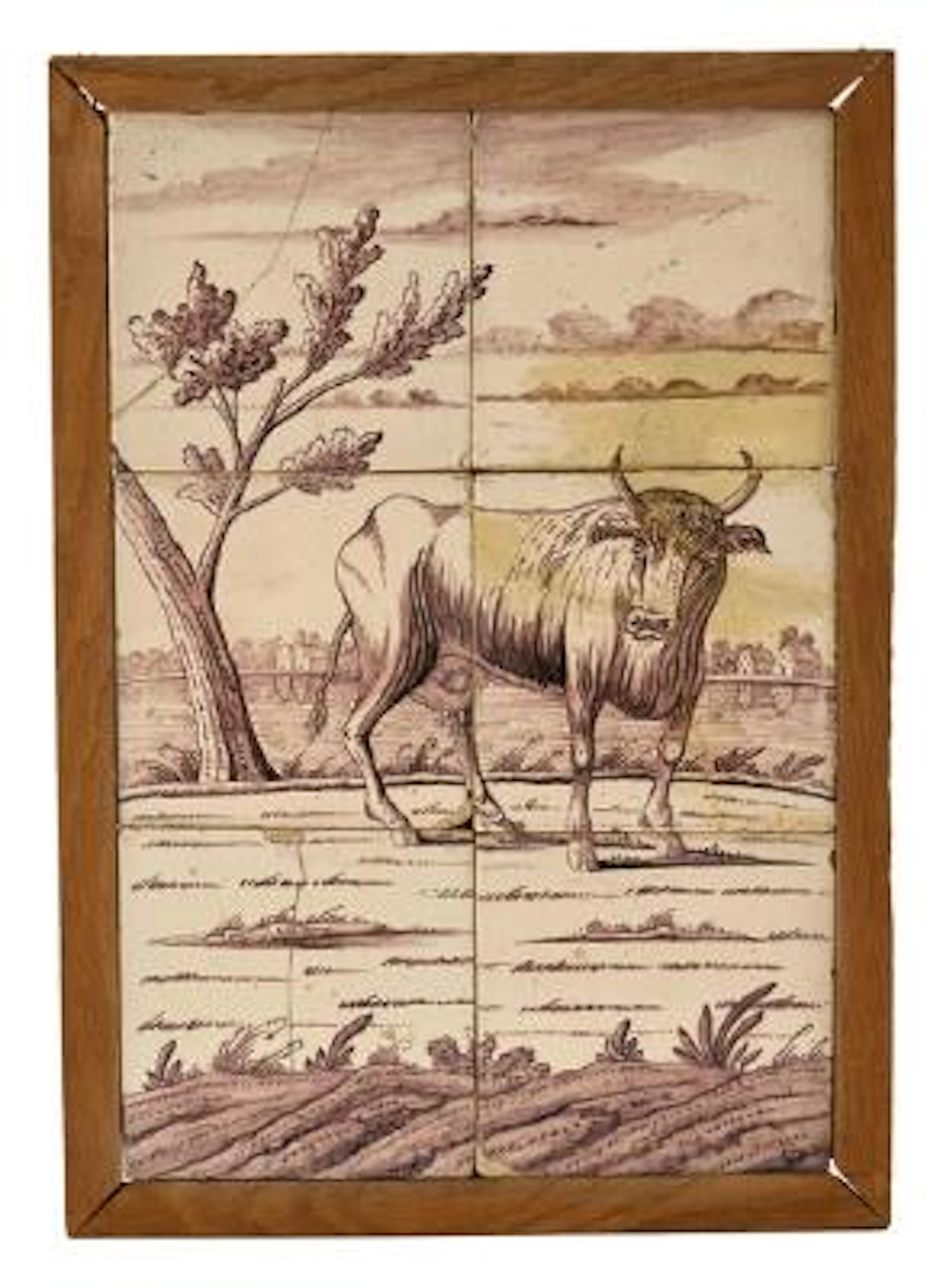Tile picture with cow in landscape. Framed. Delft, 18th century. Incl.