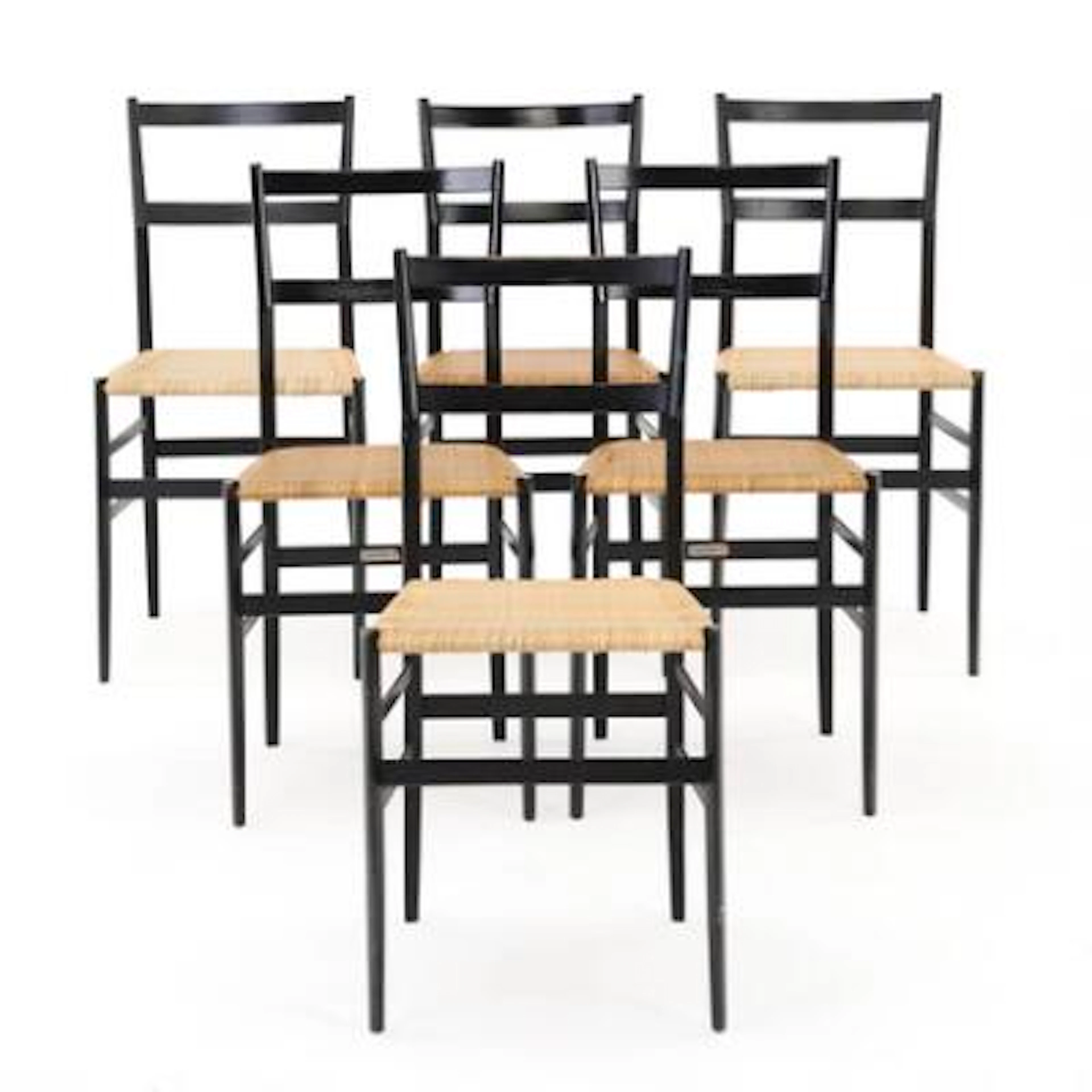 Gio Ponti: "Superleggera". Set of six dining chairs with black lacquered