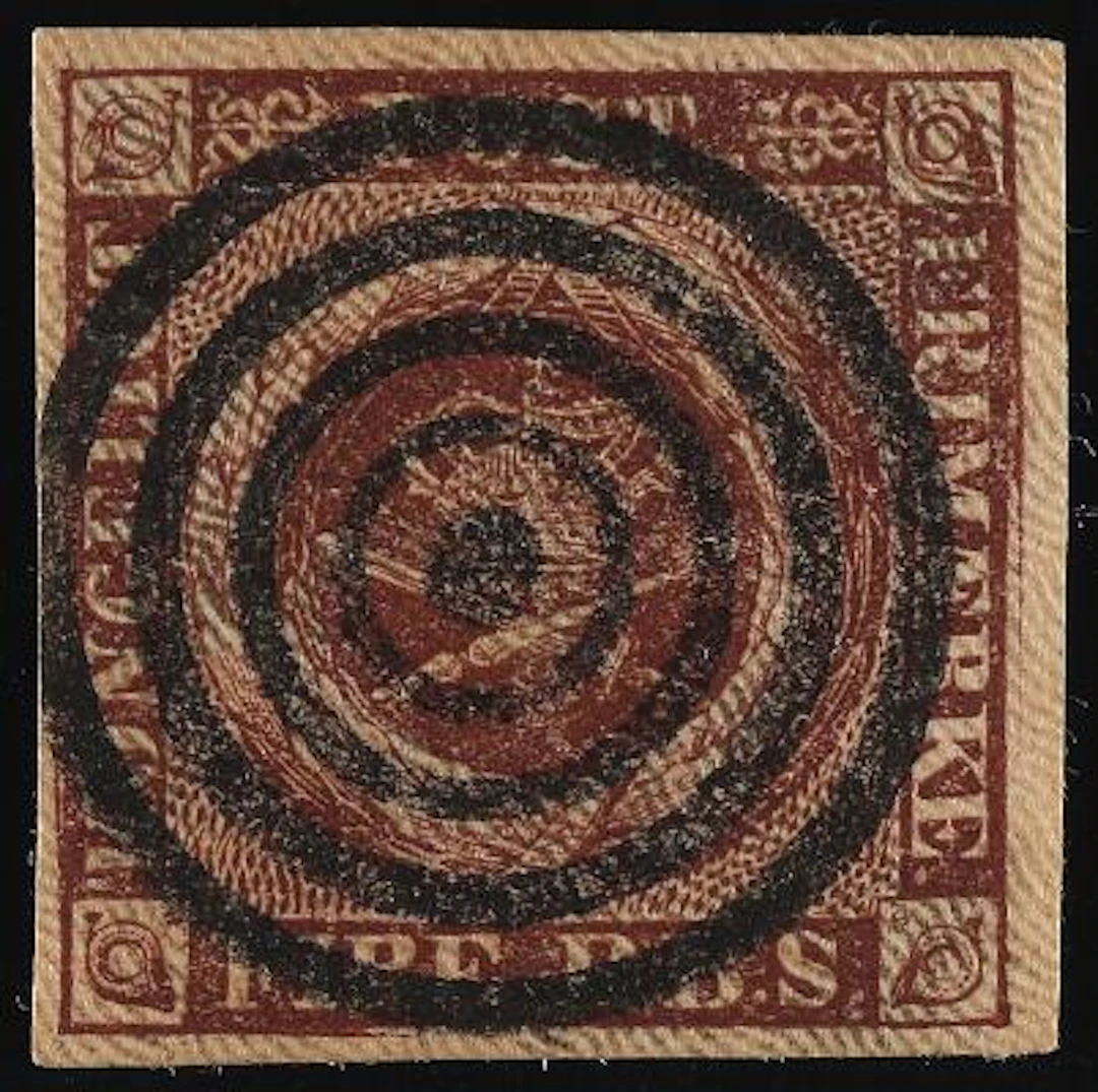 1851. 4 RBS, chocolate brown. Ferslew. Plate I, no. 19 PEMBERTON DOUBLE