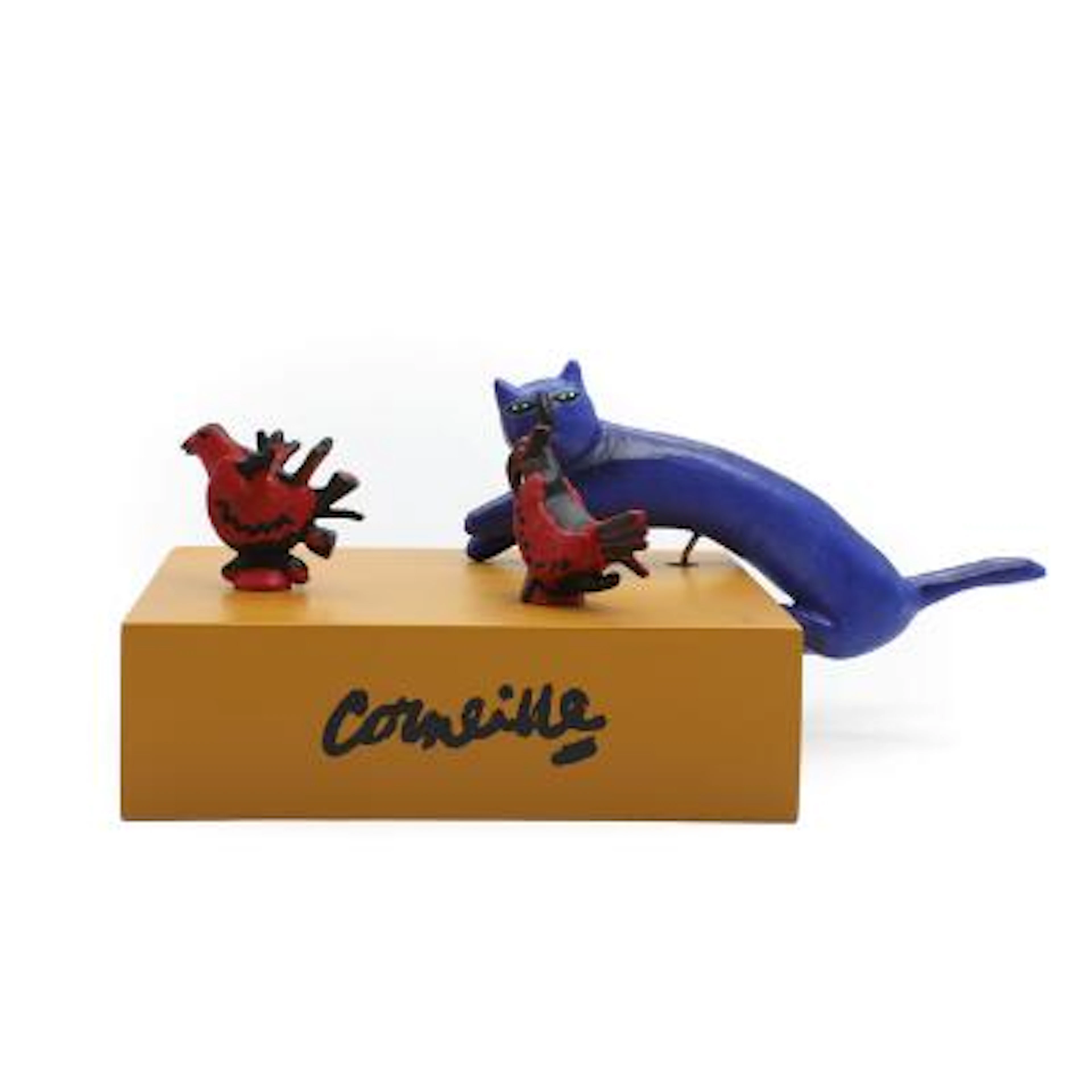 Corneille: Blue cat (corkscrew) and two red birds (mounted on corks).