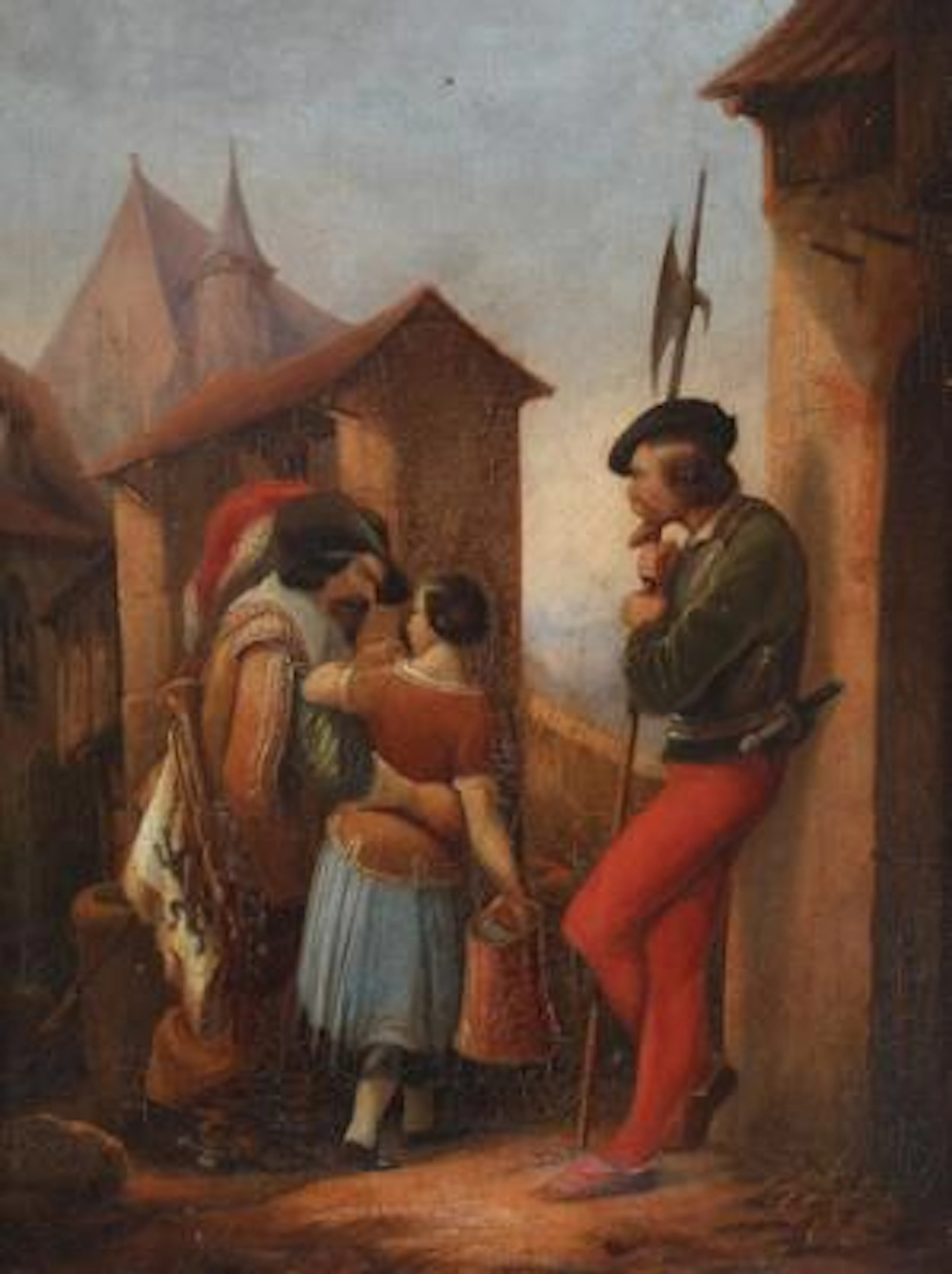 Unknown painter, 19th century.: Street scene with a lansquenet and