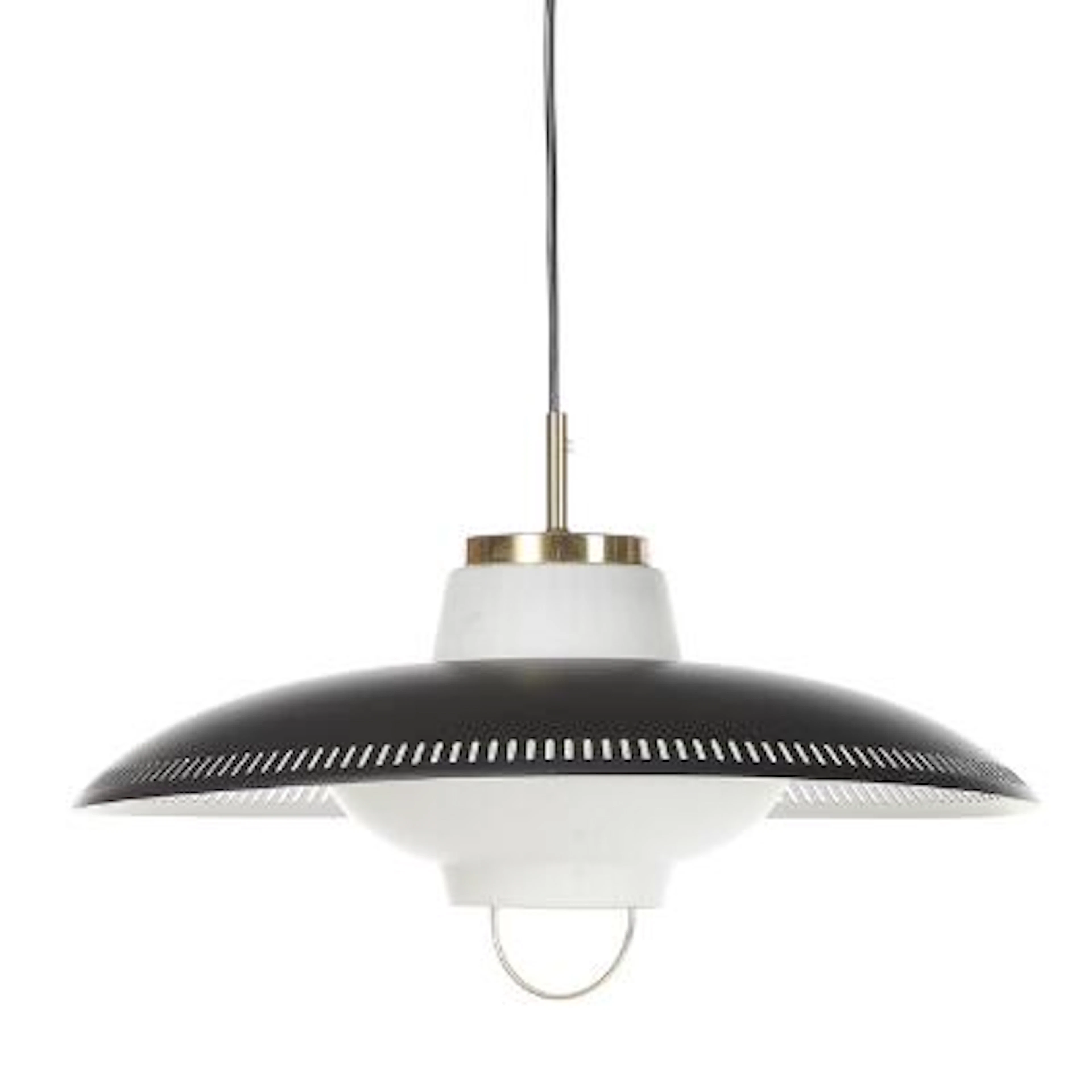 Danish design: Two pendants with black lacquered metal shades, opal