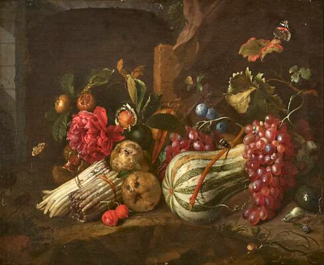 Elias van den Broeck: Still life with pumpkin, asparagus, grapes