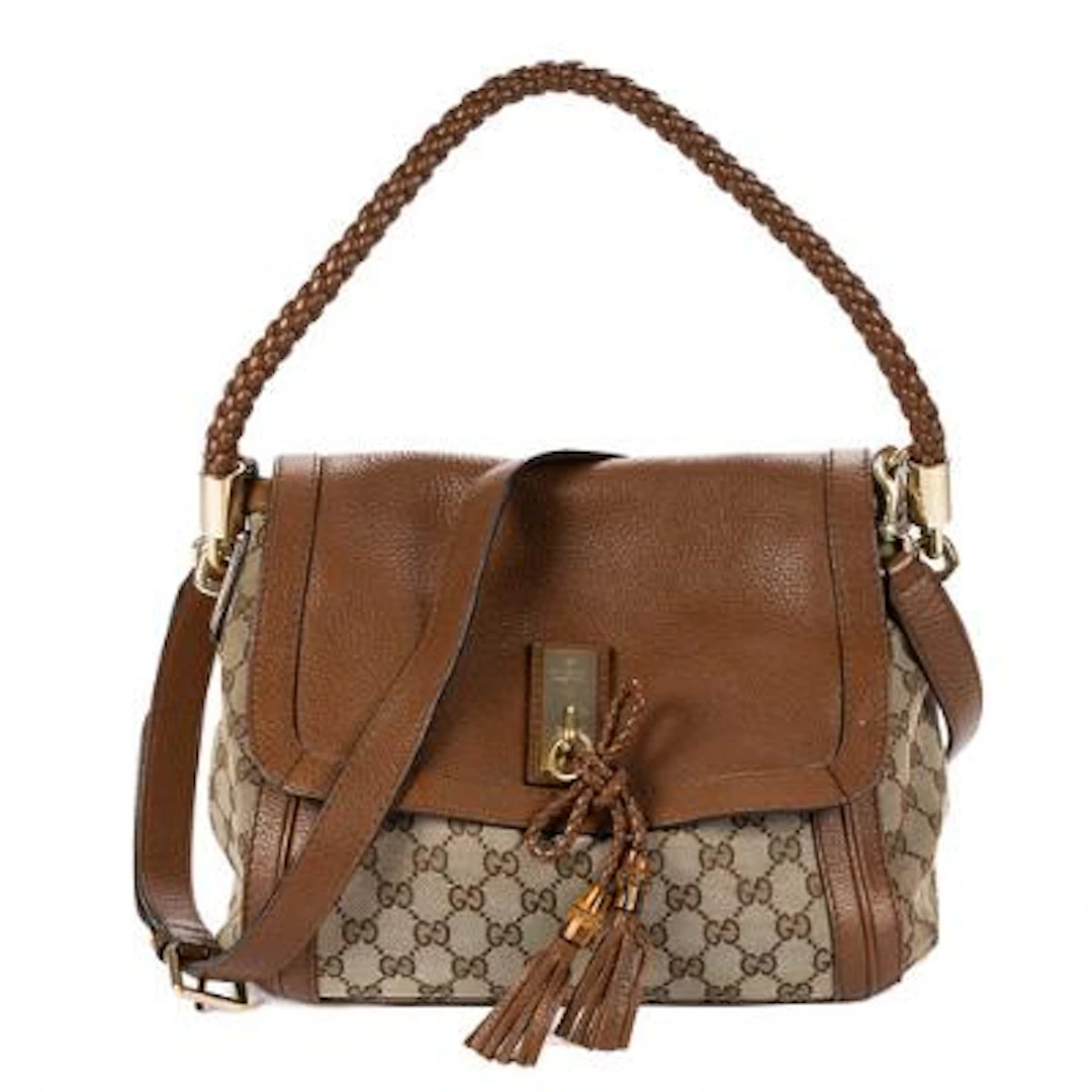 Gucci: A "Medium Bella Flap" bag in brown/beige monogram canvas with