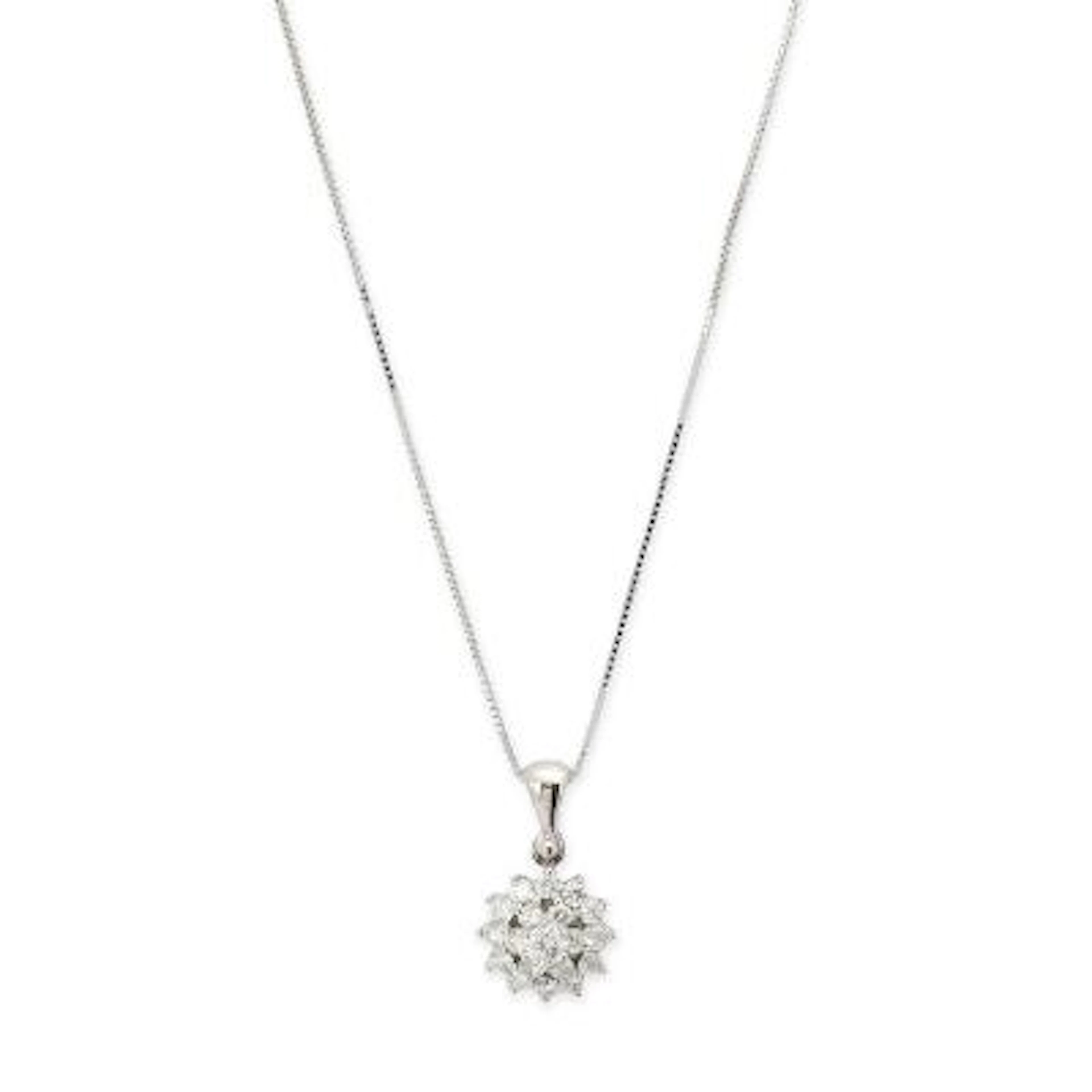 A diamond pendant set with numerous diamonds mounted in 18k white