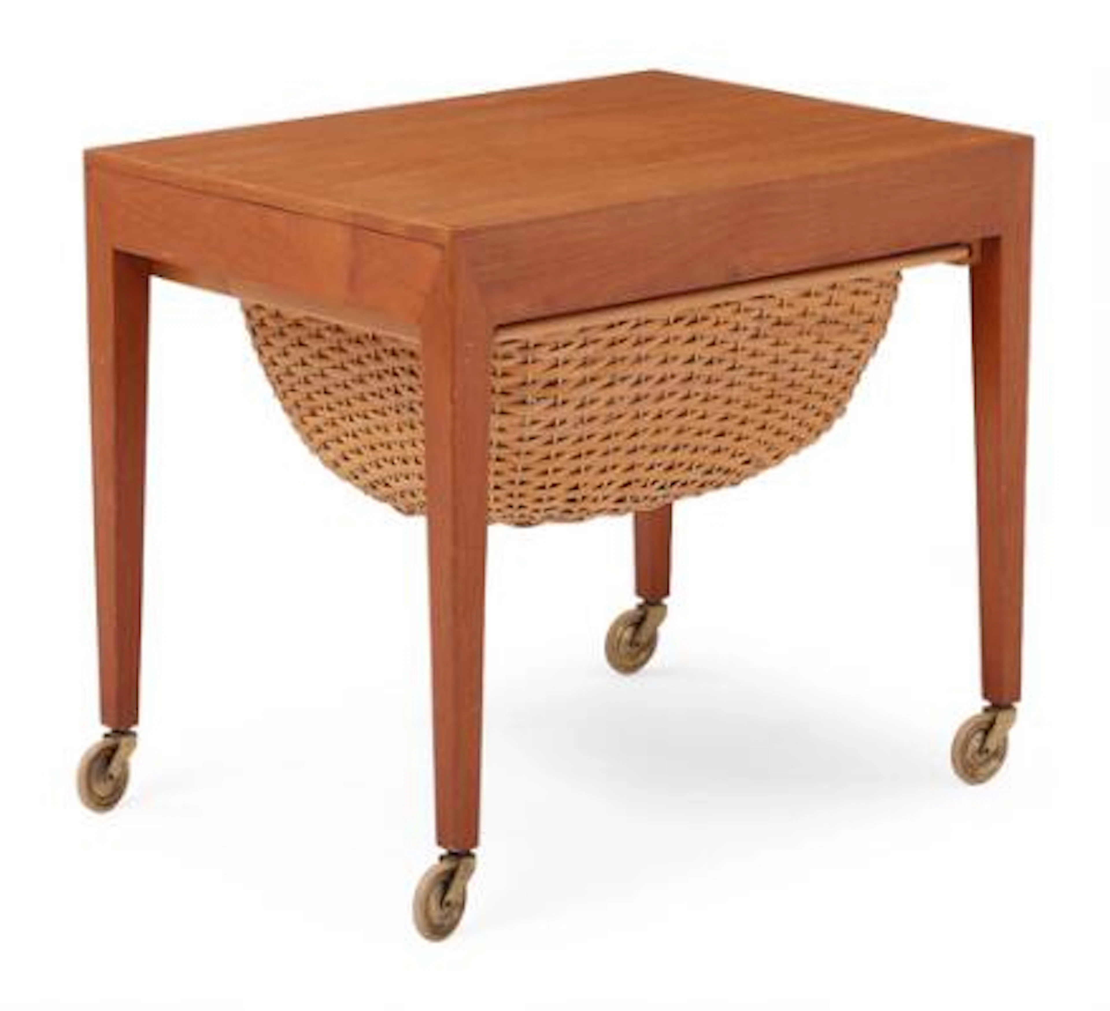 Severin Hansen Jr.: Sewing table of teak. Mounted wits castors. Rail
