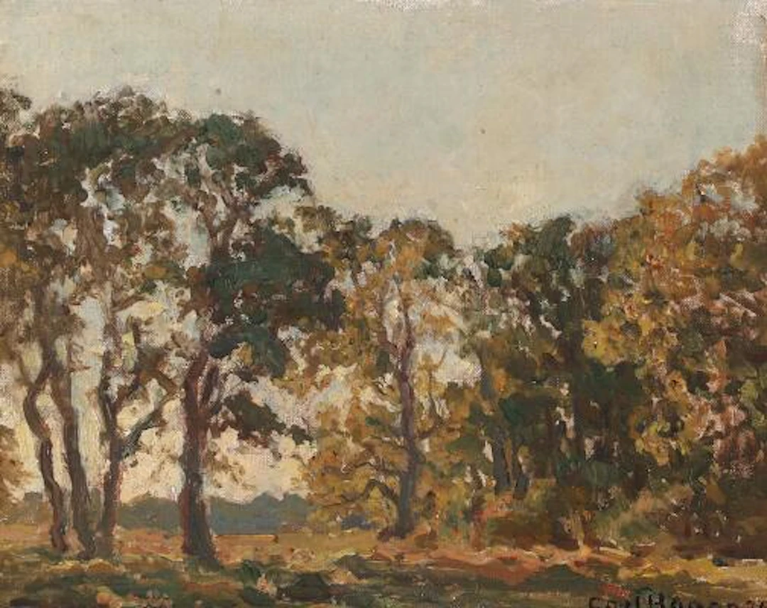 Carl Hansen: Landscape with trees in evening light. Signed. Oil on