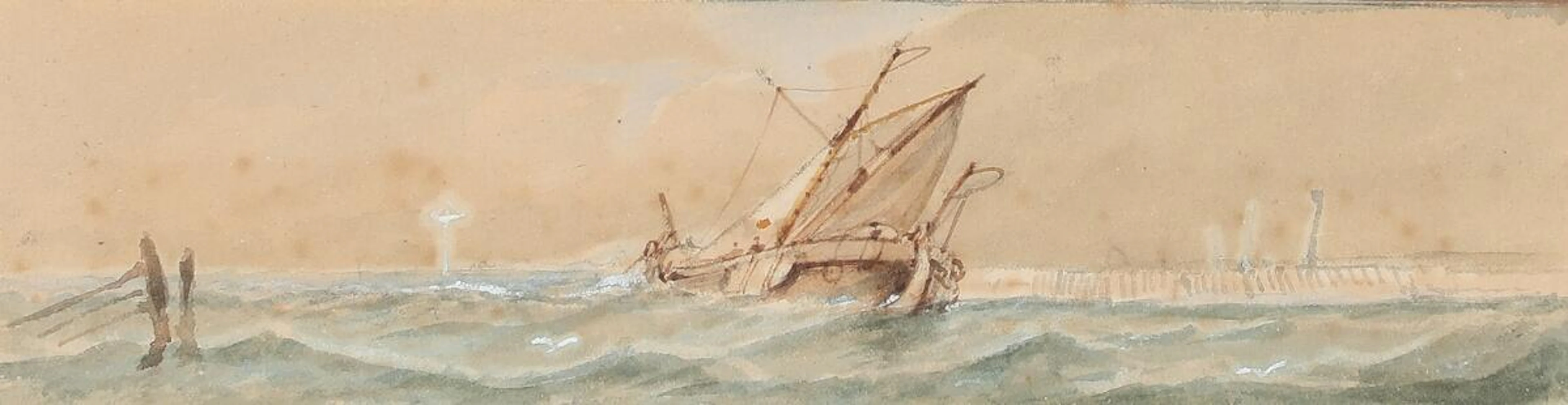 Unknown artist, 20th century: Ship on rough sea. Unsigned. Watercolour