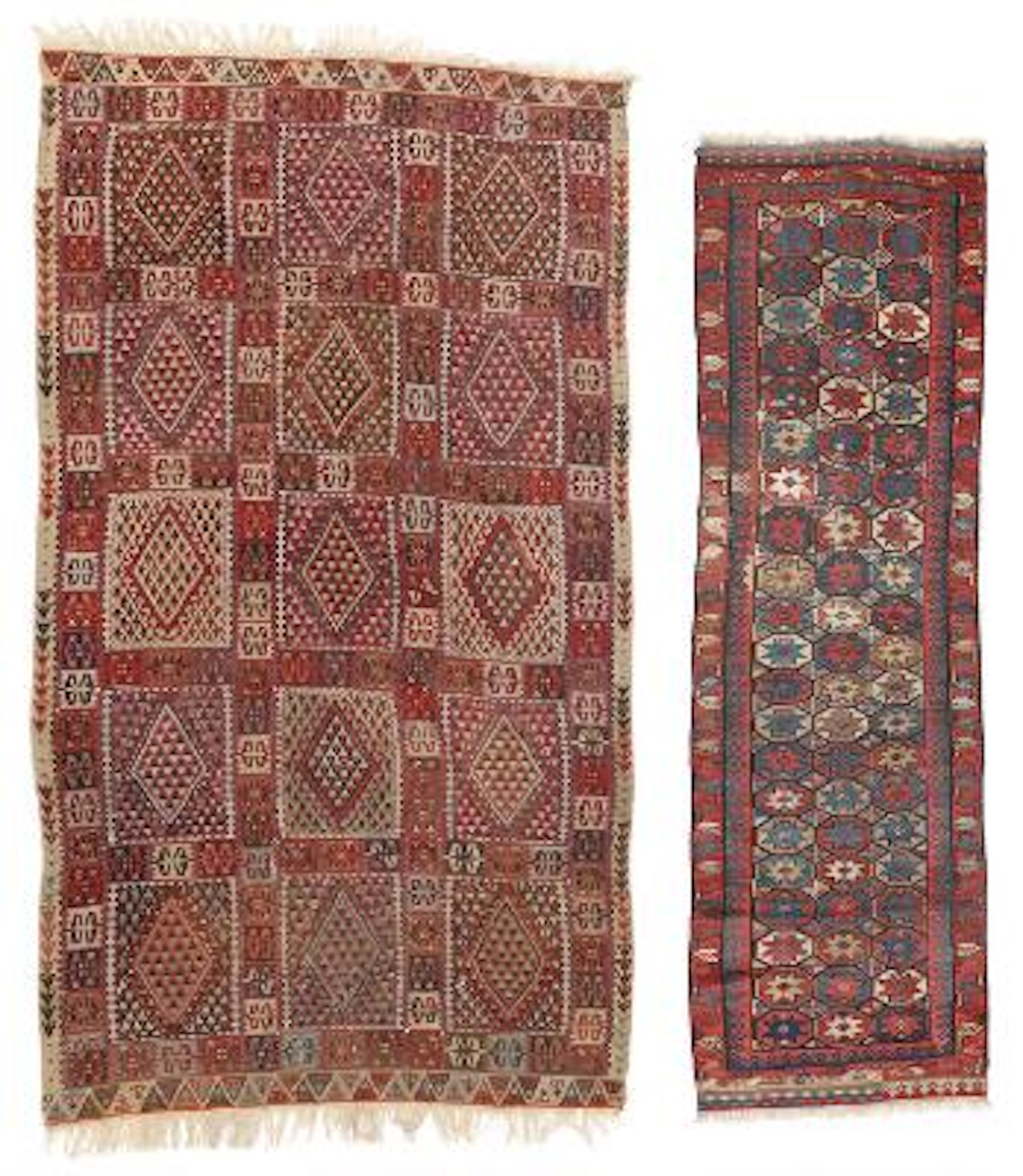Two Oriental tribal rugs. Shahsavan runner. All over star design.