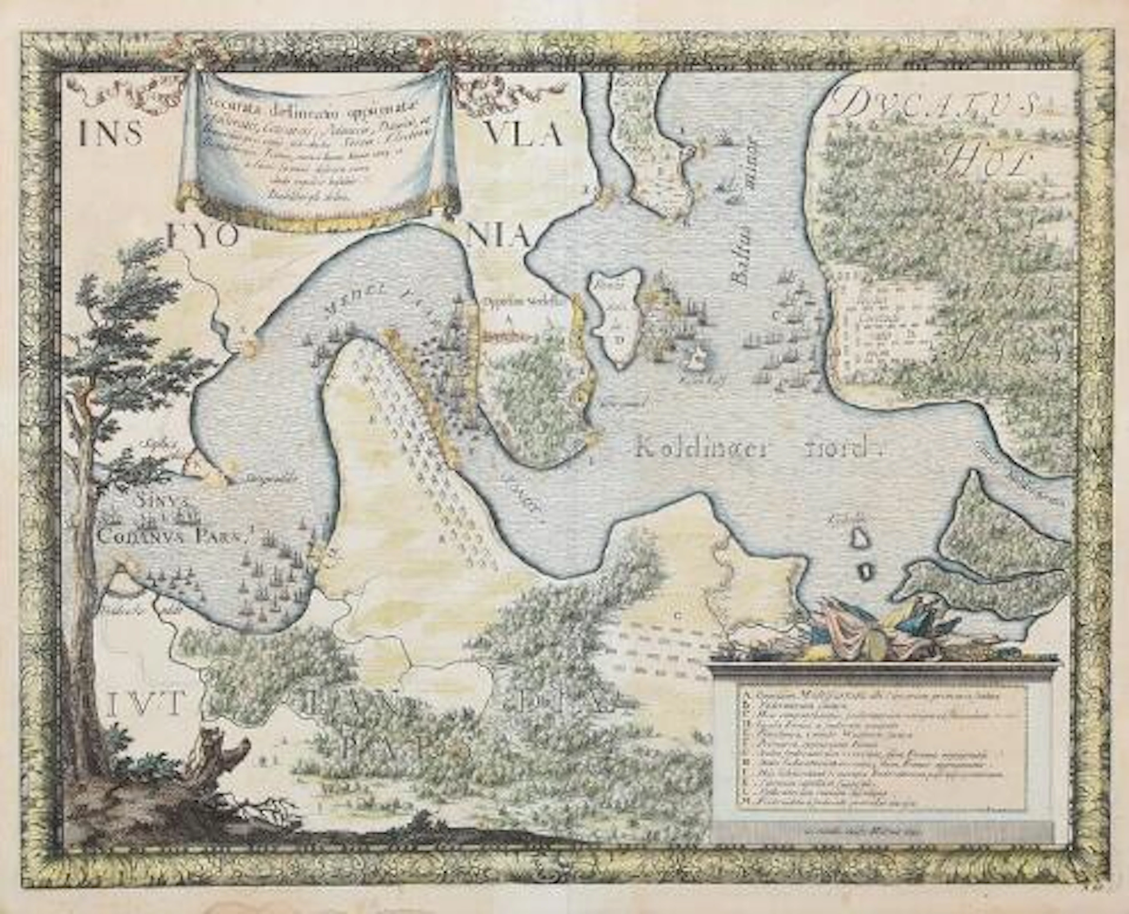 Erik Dahlbergh: Map of Kolding fiord. Handcoloured engraving. Visible