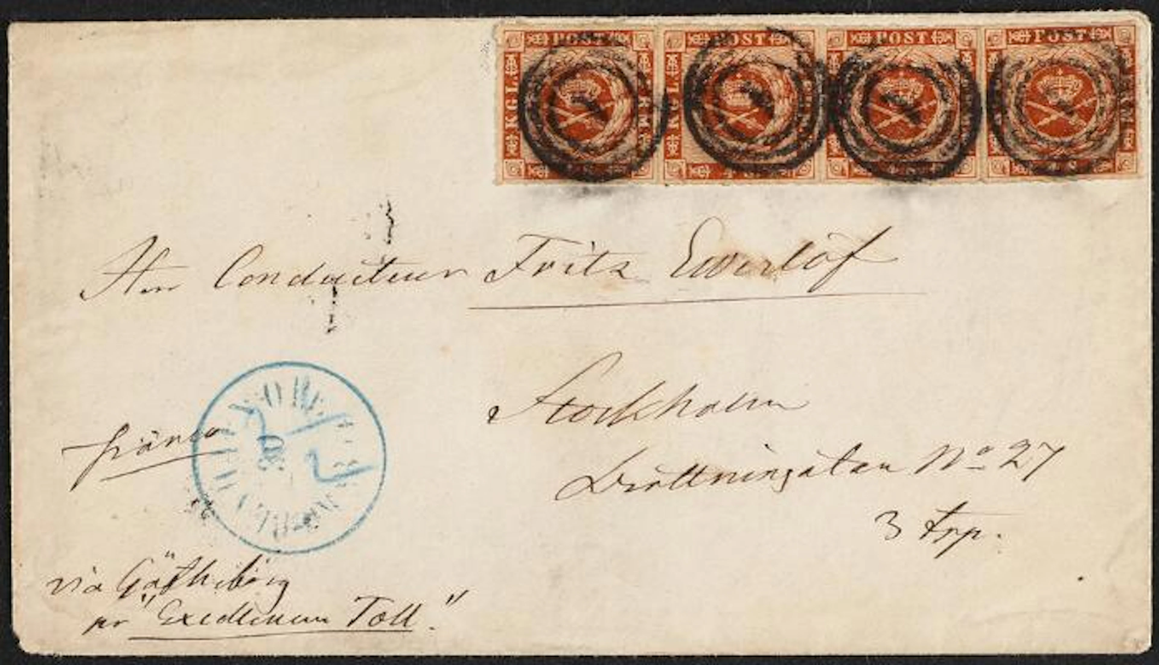 1863. 4 sk. Brown. STRIP OF 4 on ship-mail cover from København to