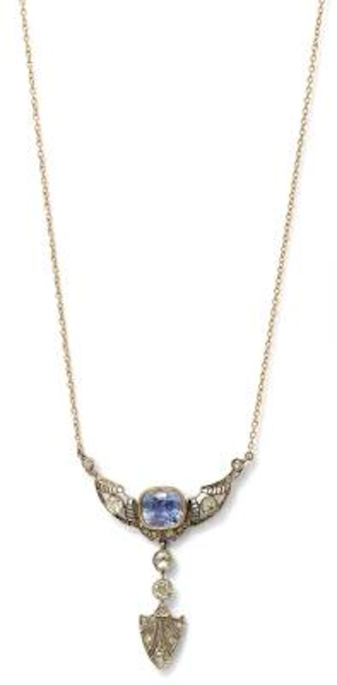 A sapphire necklace set with a sapphire and diamonds, mounted in 18k
