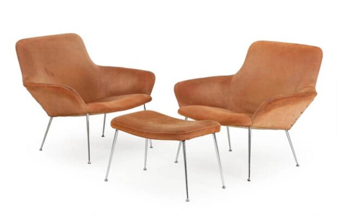 Poul Nørreklit: A pair of easy chairs and a stool with chromed steel