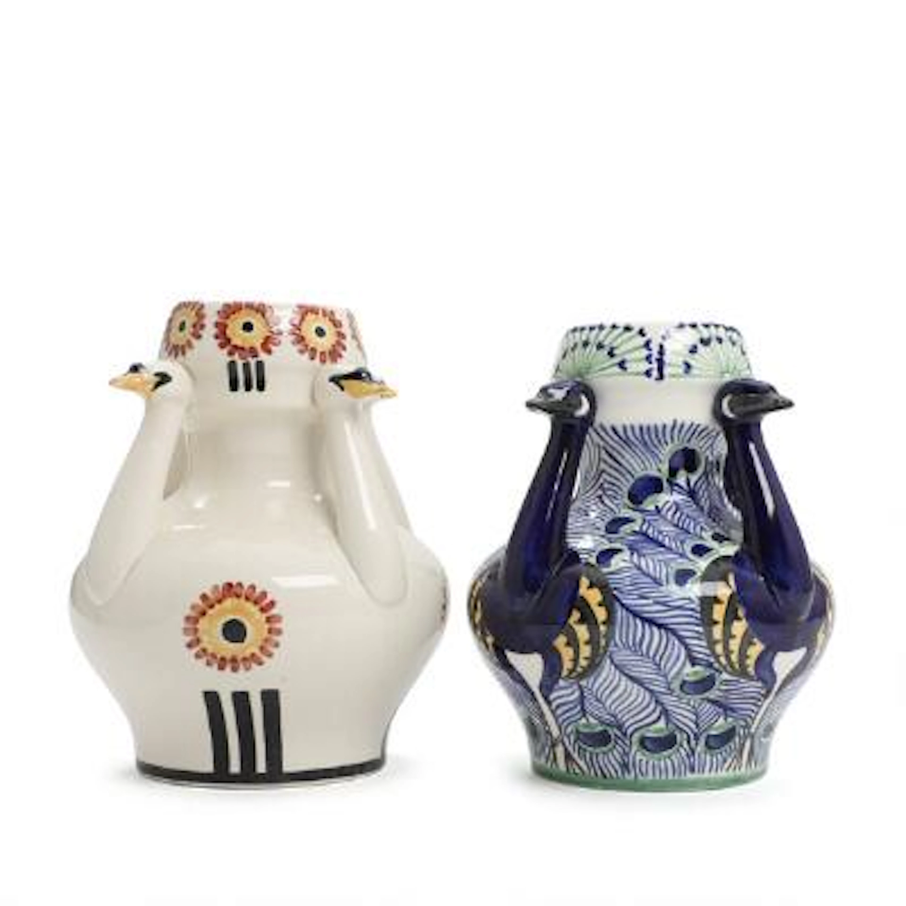 Harald Slott-Møller: Two faience vases modelled with swans and peacocks.