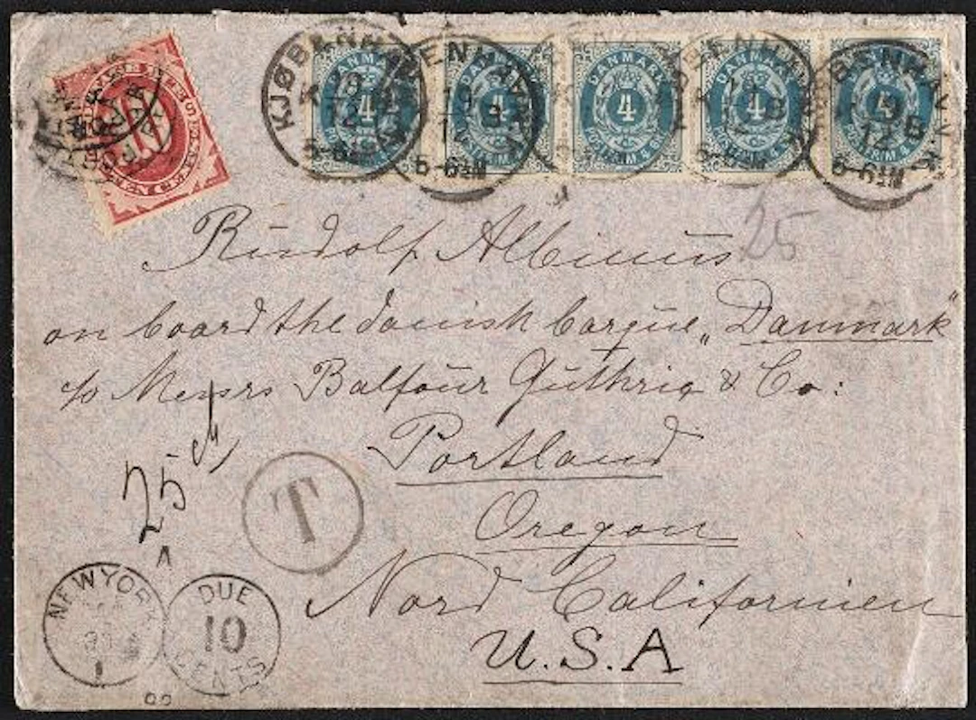 1875. 4 Øre, grey/blue. Strip of 5 on insufficiently franked cover