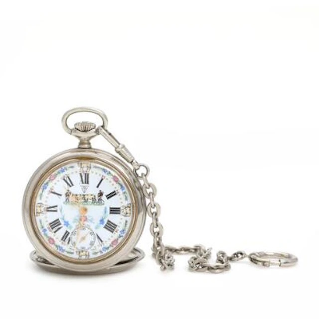 Pocket watch in steel. Marked TNV, ref. 6431,6445 with decorated enamel
