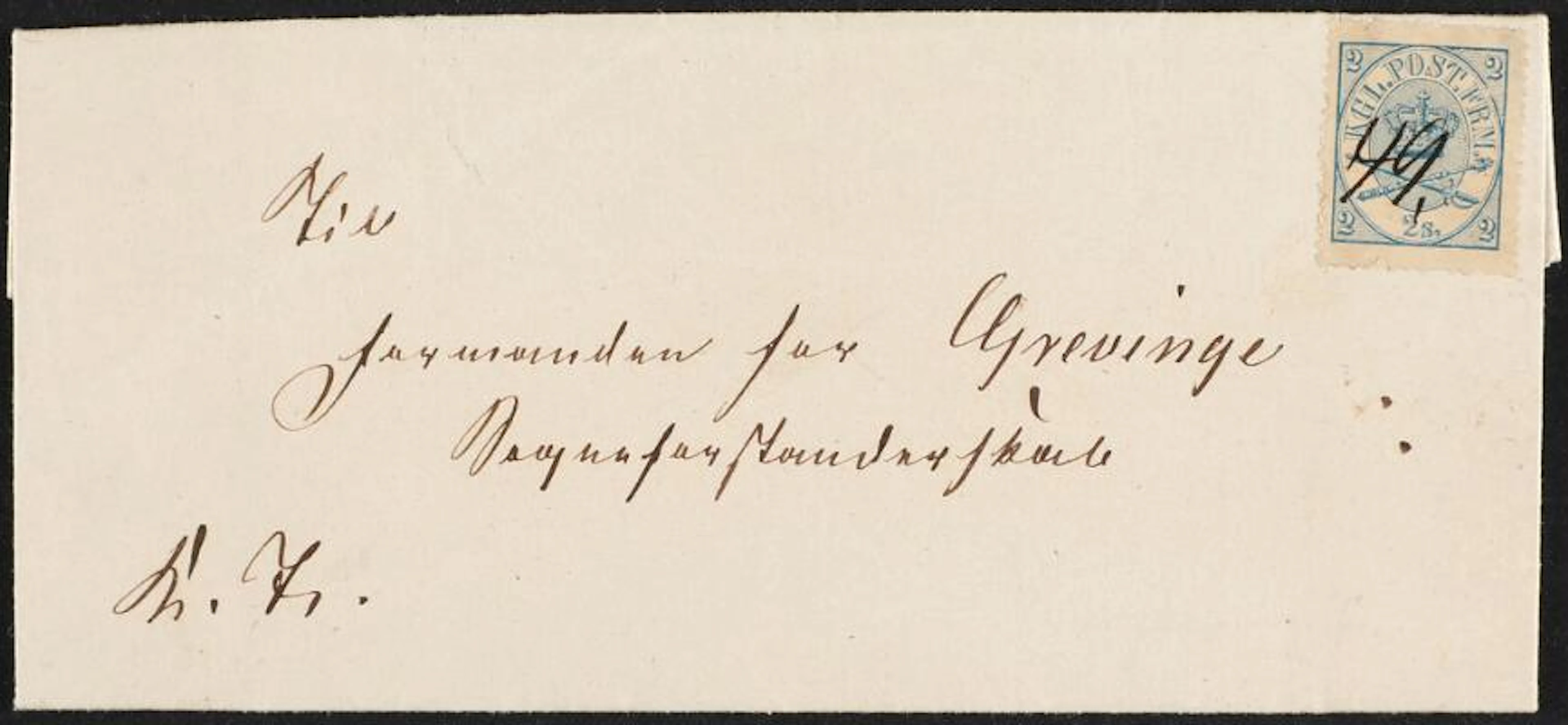 1864. 2 sk. blue. Single on cover with hand written numeral "49"