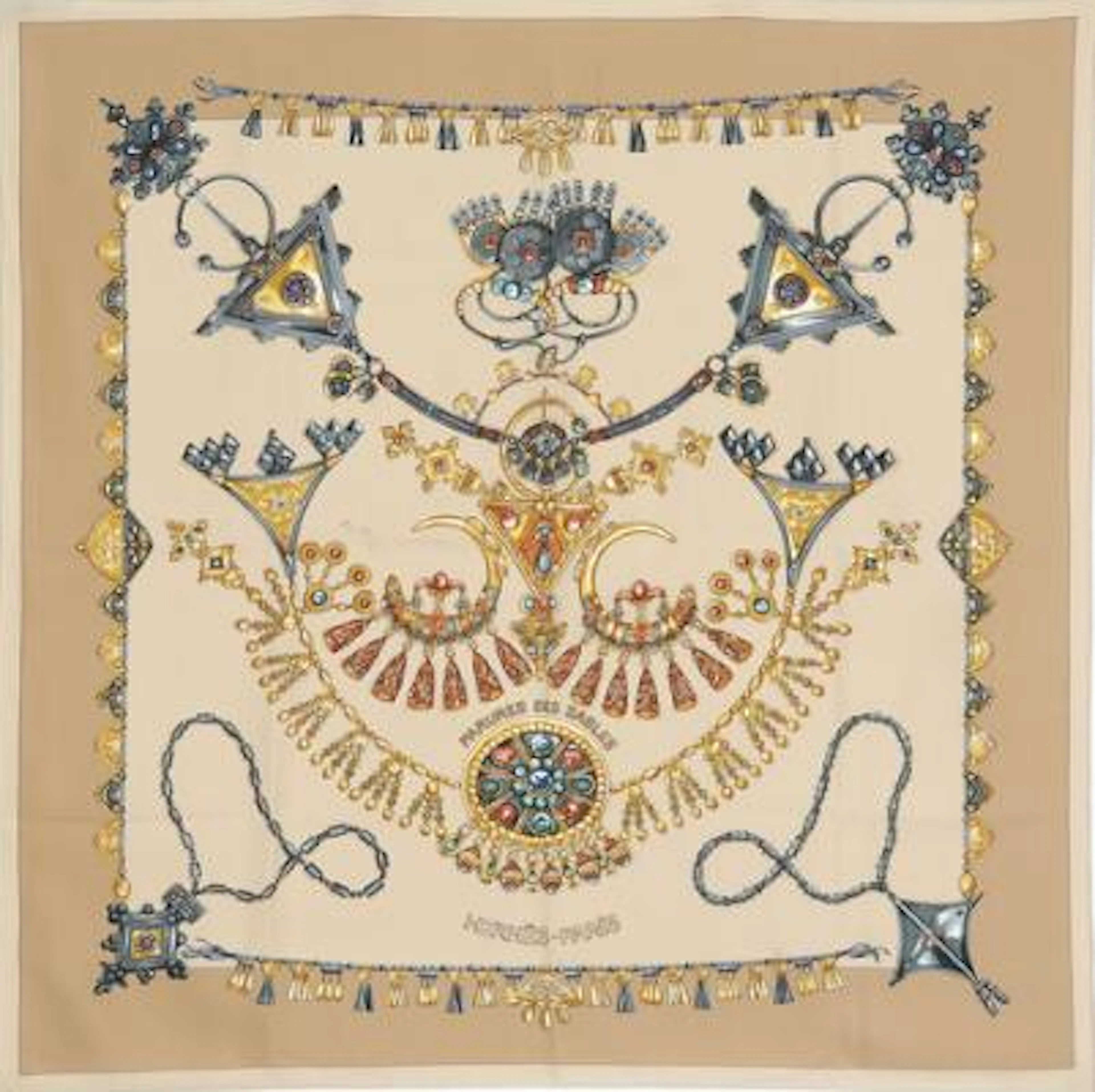 Hermès: A silk scarf with motif “Parures des Sables” by Annie Faivre.