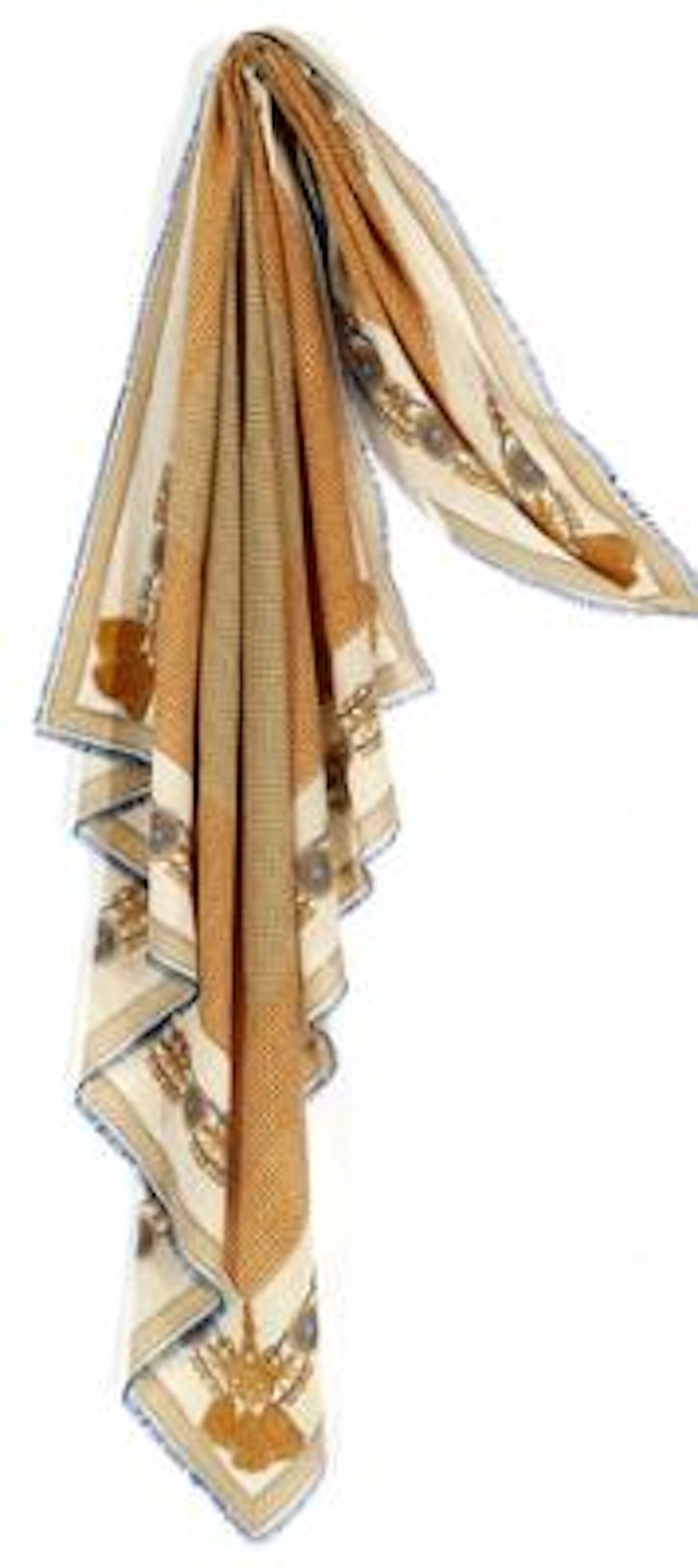 Chanel: A scarf of presumably silk blend wiht beige, golden and blue