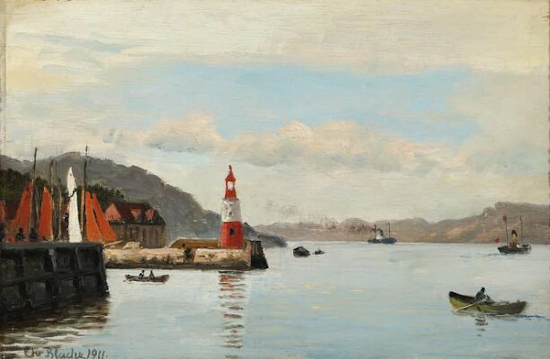 Christian Blache: Harbour view from Bergen. Signed and dated Chr.