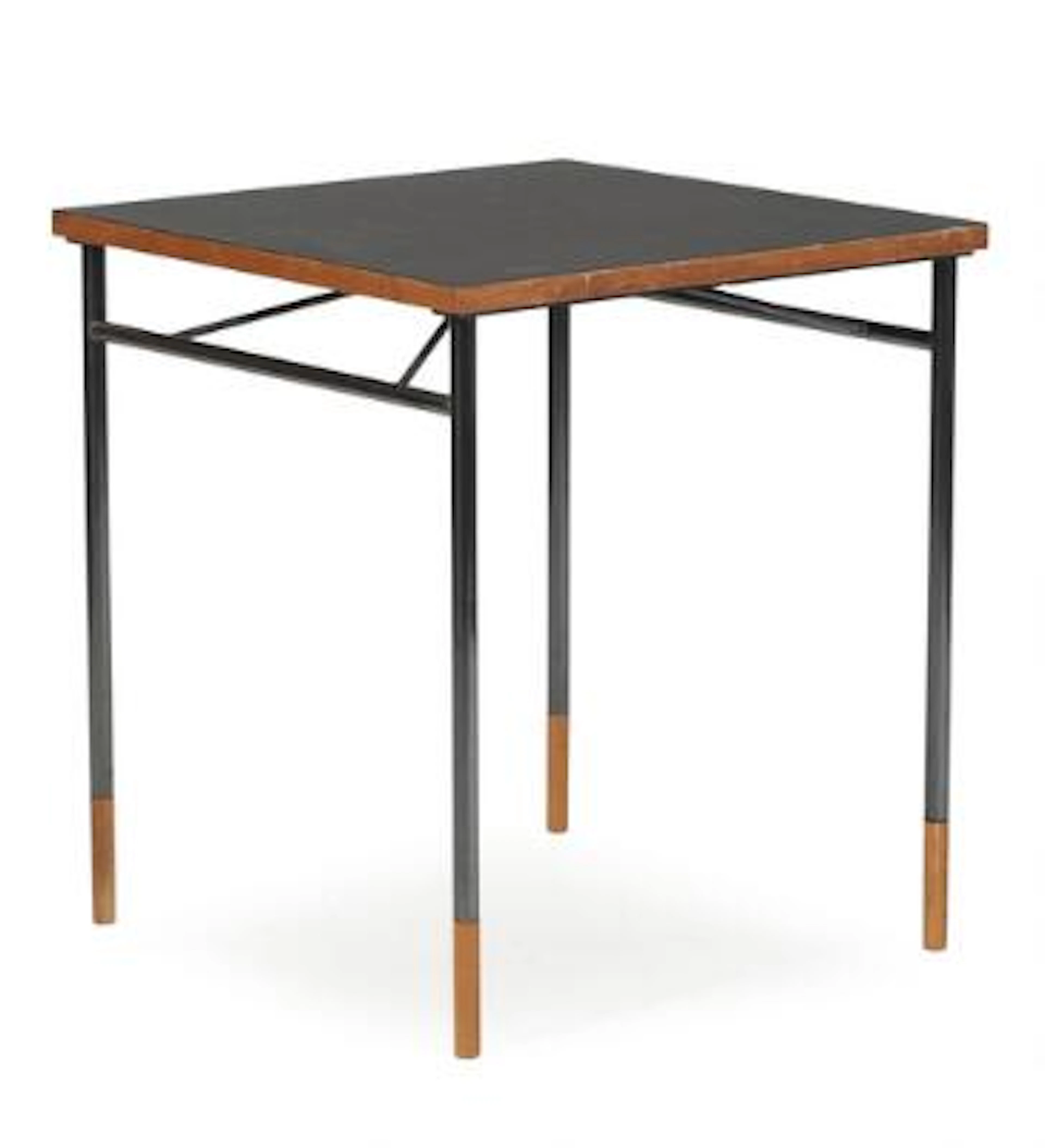 Finn Juhl: Square table with steel frame. Walnut wood "Shoes" and