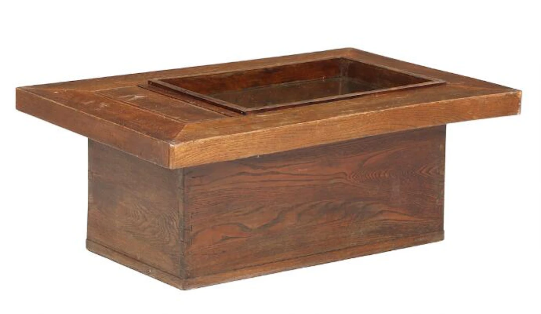 Hibachi, Japanese traditional table grill of stained wood and copper.
