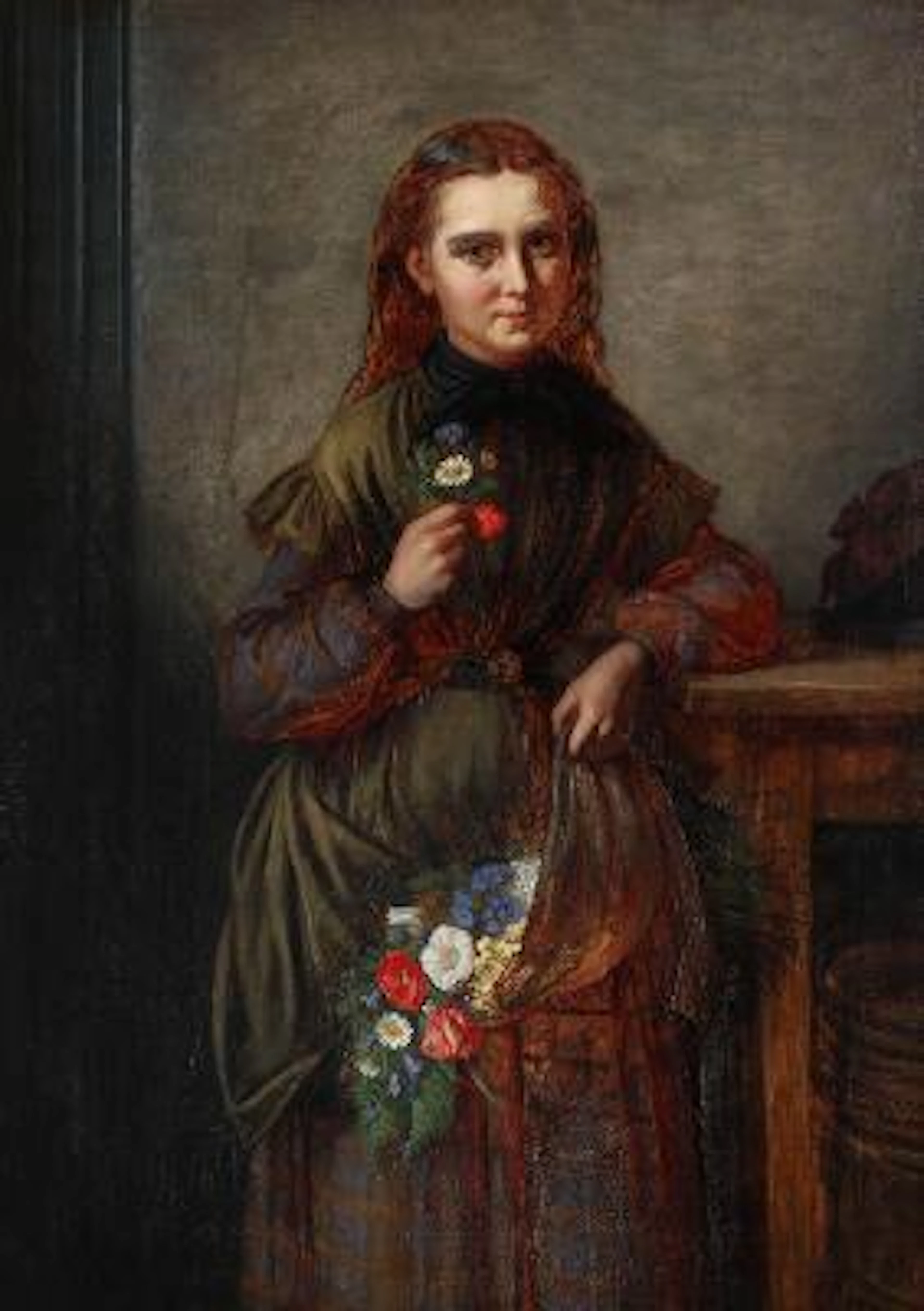 Laura Margrethe Wittusen: Portrait of a young girl with flowers. Unsigned.