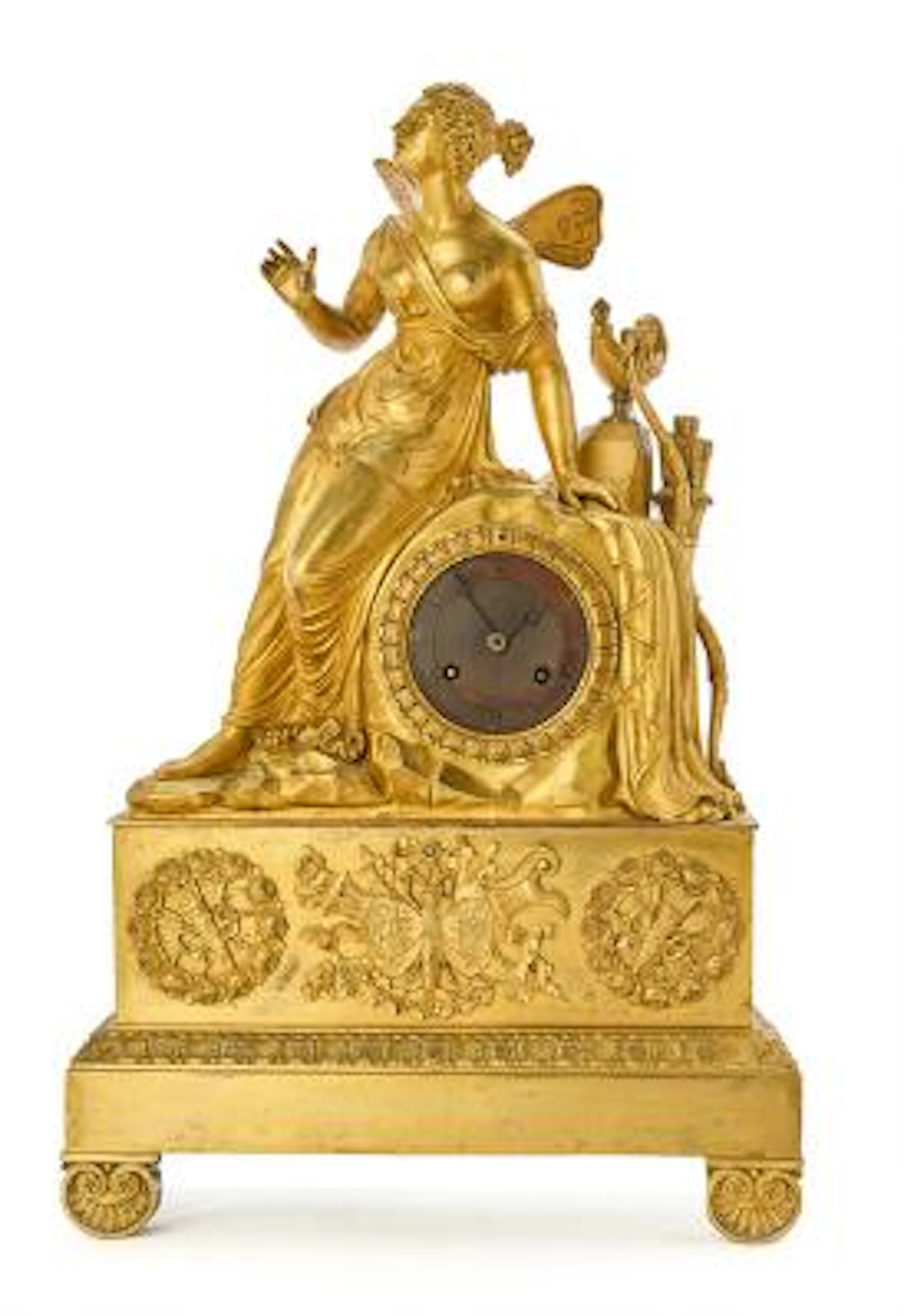 French Late Empire mantel clock in gilded bronze, clock case with