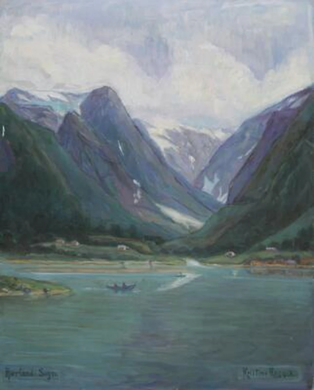 Kristine Reusch: Scenery from the fiord in Sogn, Norway. Signed Kristine