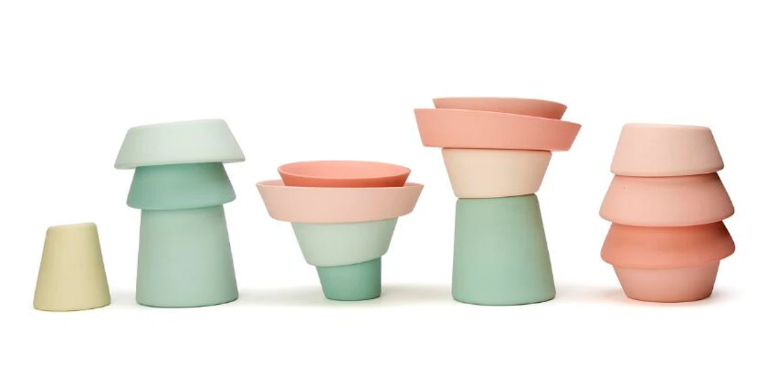 Danish ceramicist: Five sculptural vases of coloured ceramic in pastel