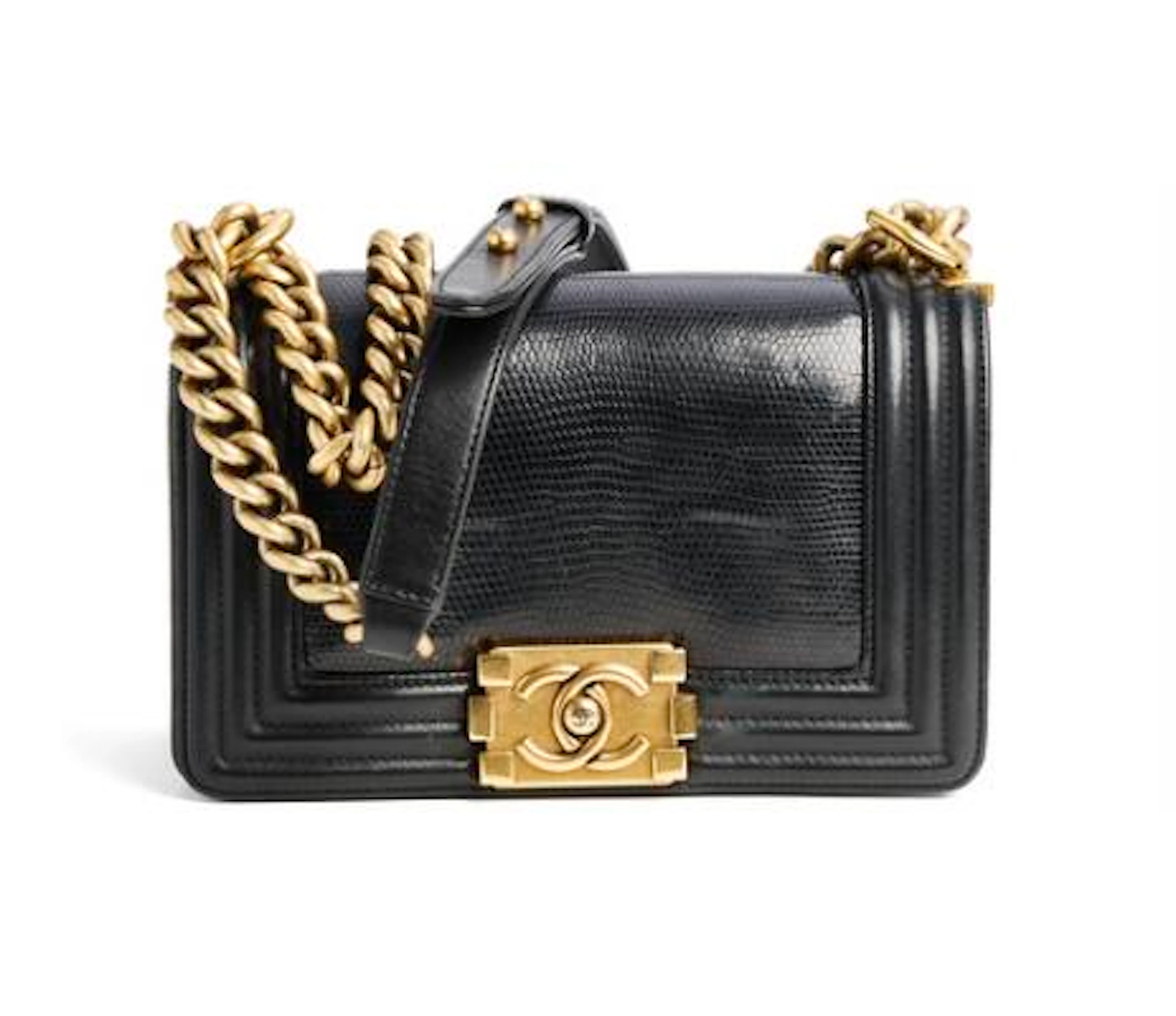 Chanel: A "Boy" bag of black lizard skin and leather with gold tone
