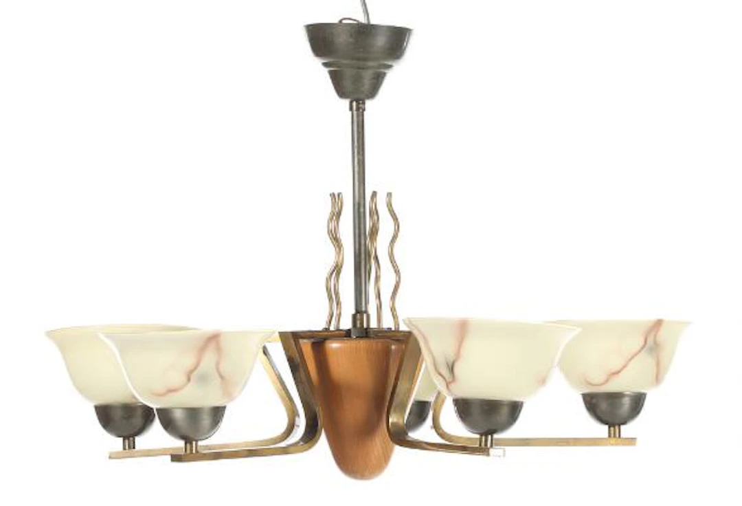 Swedish design: Ceiling lamp in patinated brass with conical stem