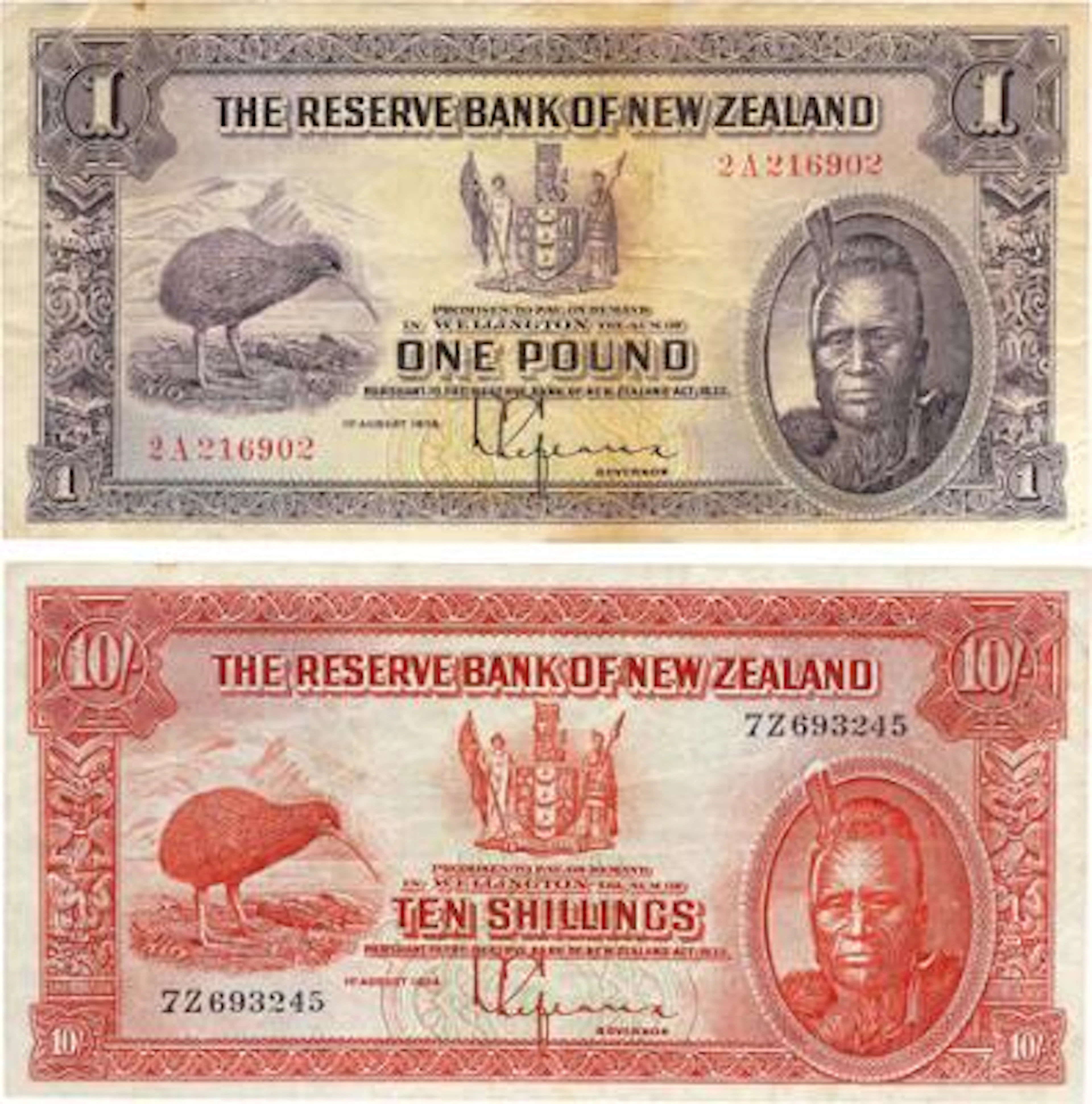 New Zealand, 10 Shillings 1934, Pick 154, 1 Pound 1934 (4 pcs), Pick