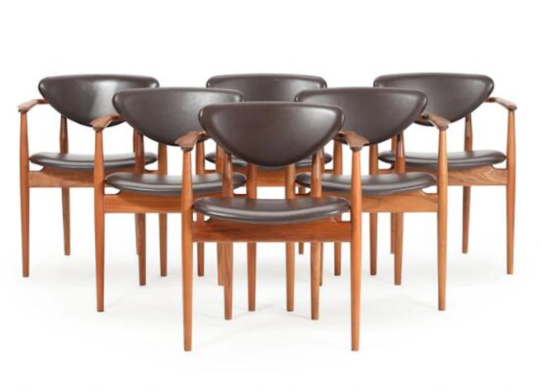 Finn Juhl: Six walnut armchairs, upholstered in seat and back with
