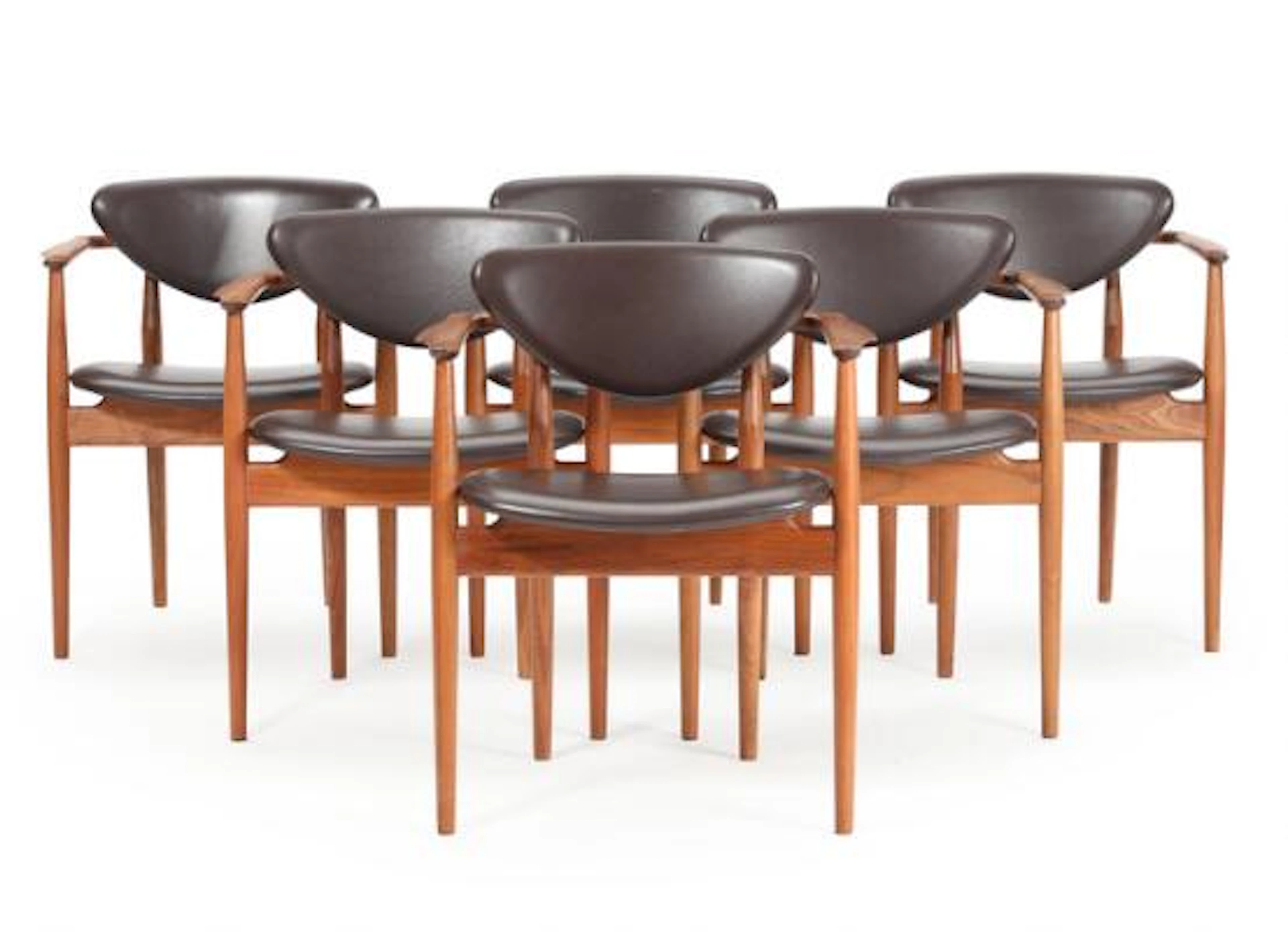 Finn Juhl: Six walnut armchairs, upholstered in seat and back with
