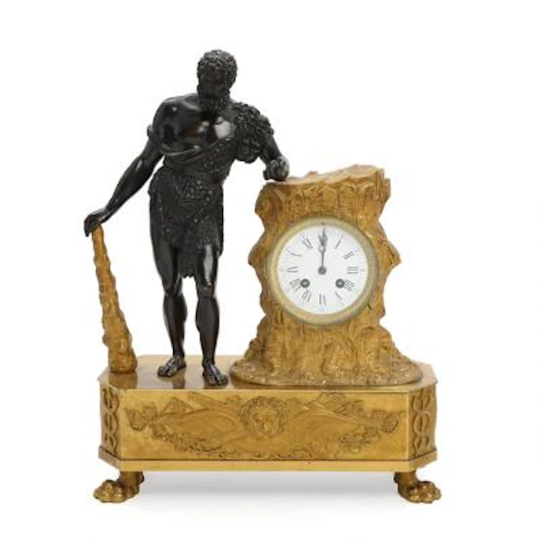French mantel clock in gilded and patinated bronze, clock case adorned