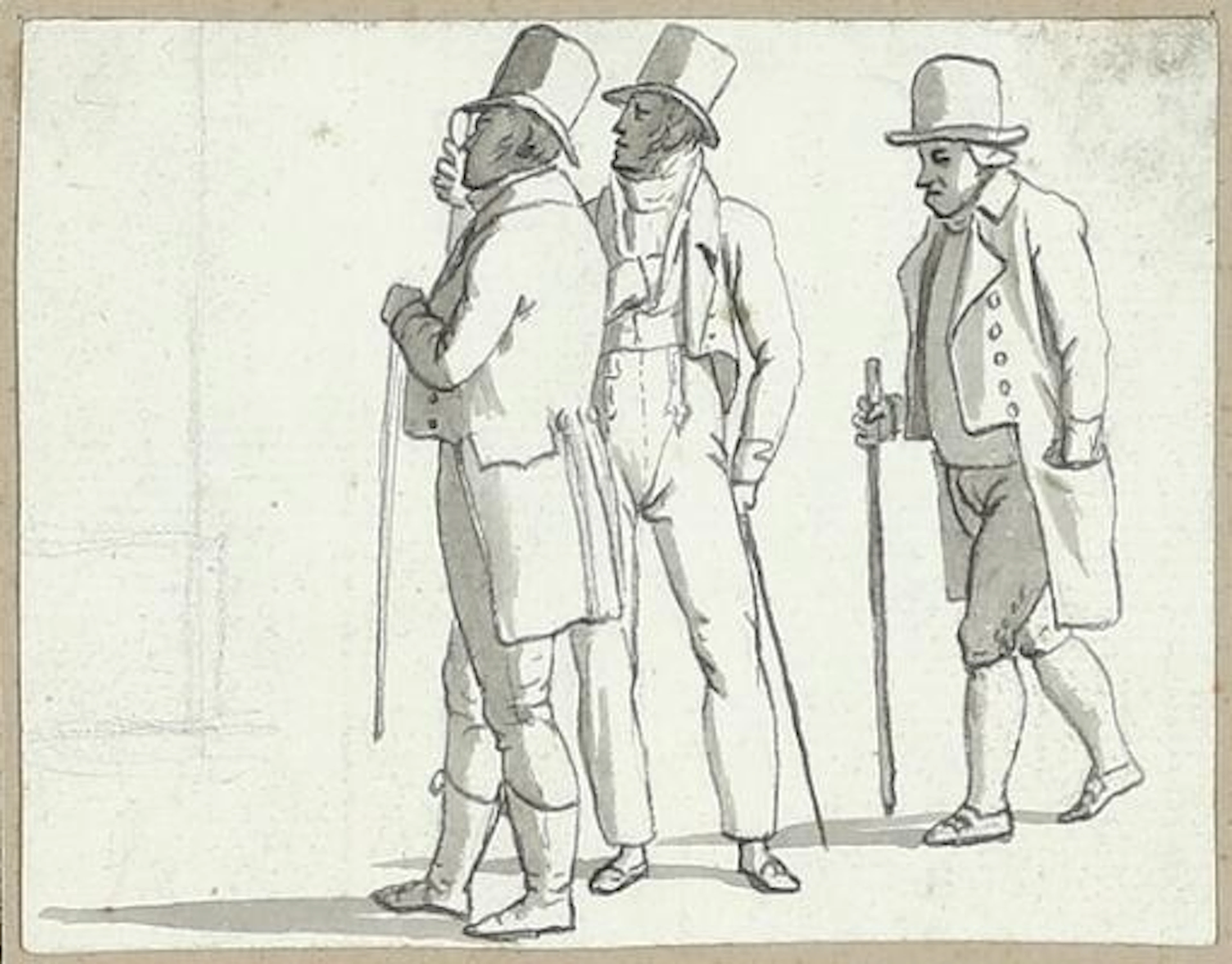 C. W. Eckersberg: Three men at an exhibition. Unsigned. Drawing ink