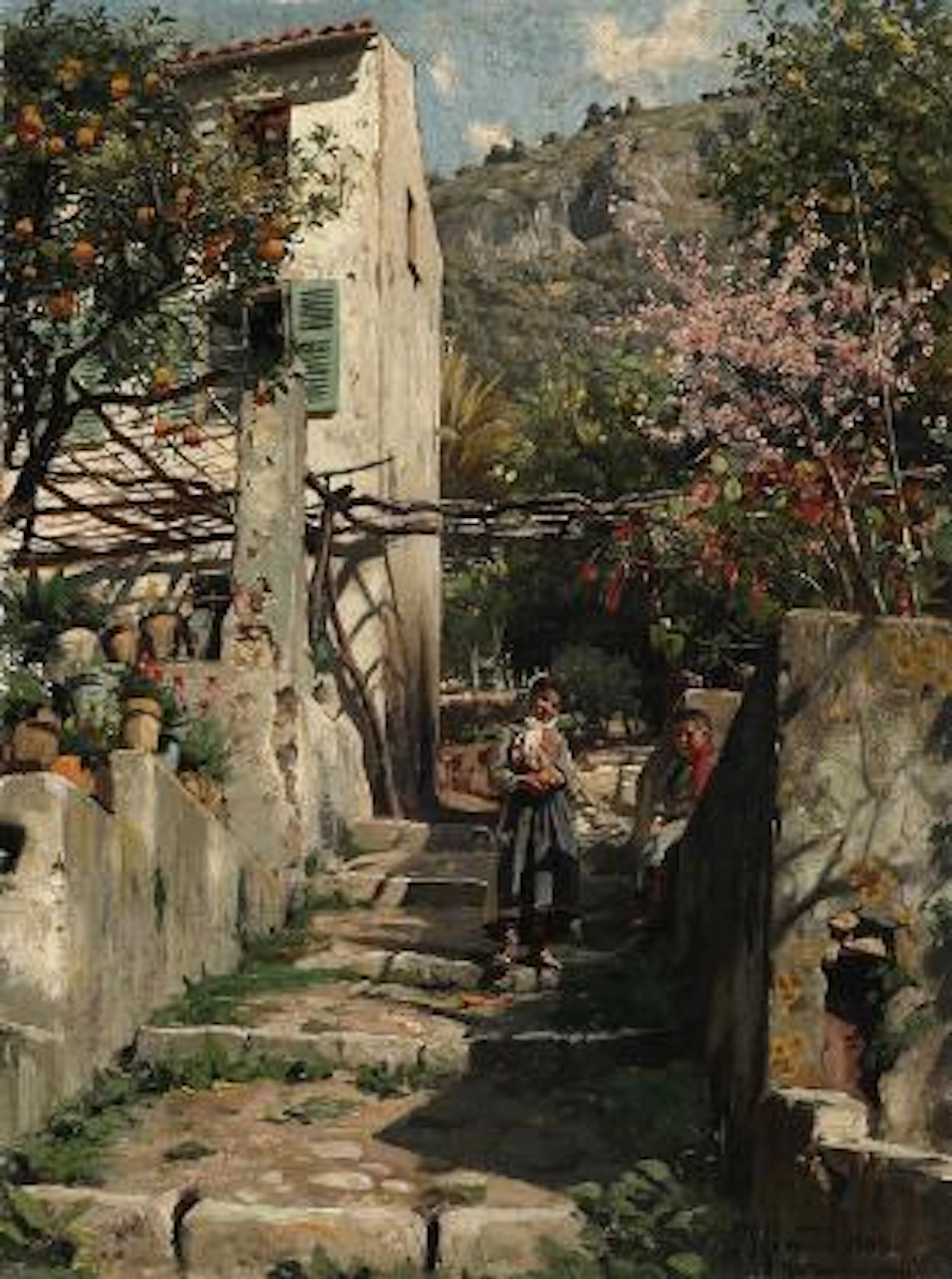 Peder Mønsted: View from The South of France with a boy and mother.