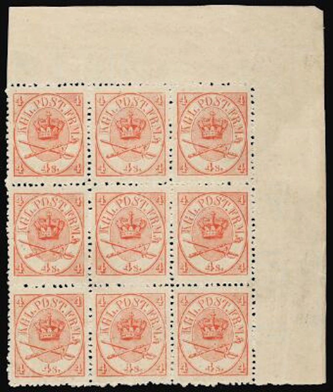 1864. 4 sk. 3.print. Pos. 8-10/28-30. SUPERB block of 9 with full